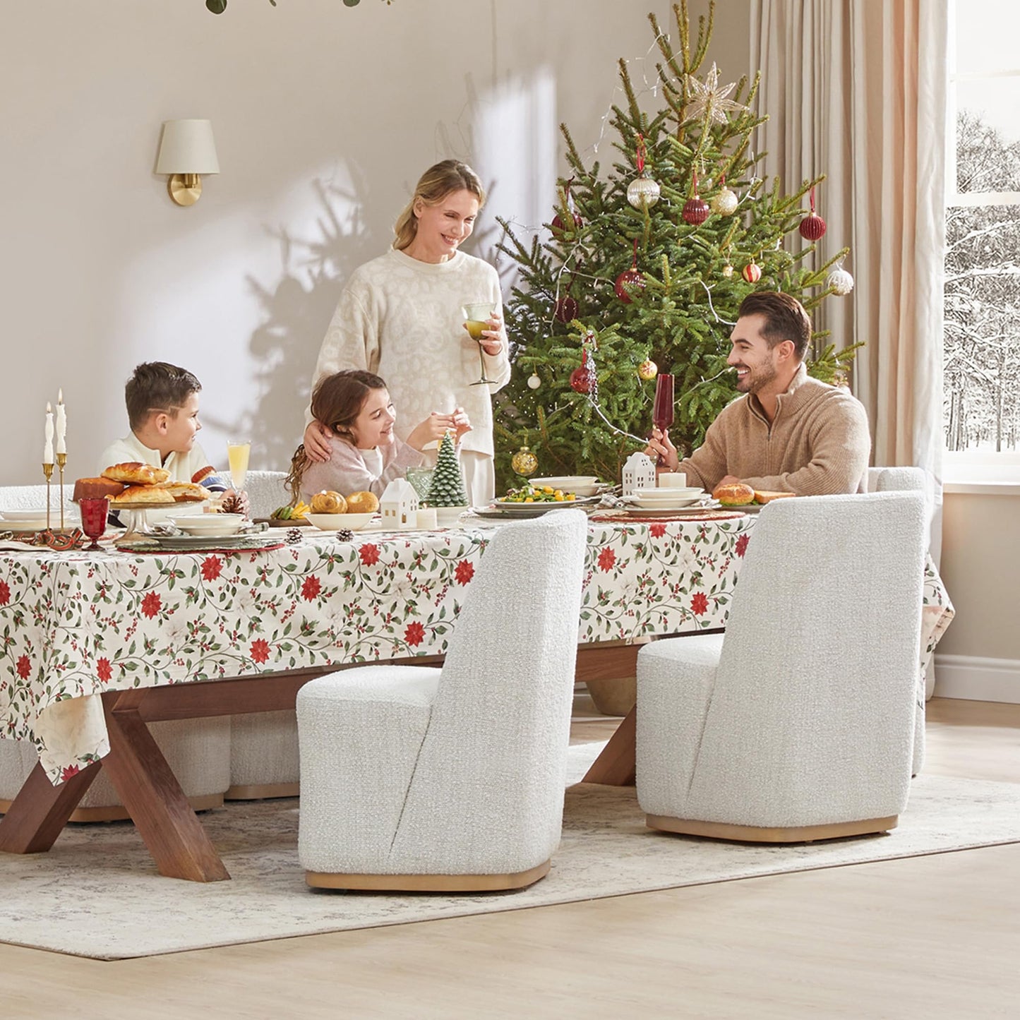 CHITA Upholstered Rolling Dining Chair on Casters Set of 4, FSC Certified Modern Fabric Dining Chair with Casters, Boucle Dining Chairs for Reading Room Waiting Room Kitchen Dining Room, Oatmeal