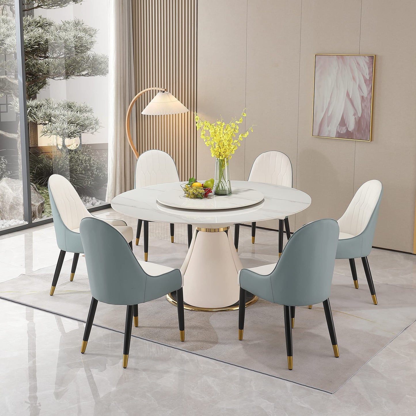 59" Round Dining Table Set for 8 with Lazy Susan Modern Sintered Stone 9 Pieces Dining Room Table Set with 8 Chairs and 31.5" Round Turntable