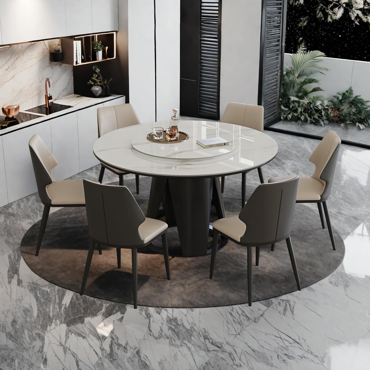 59" Round Dining Table Set for 8 with Lazy Susan Modern Sintered Stone 9 Pieces Dining Room Table Set with 8 Chairs and 31.5" Round Turntable