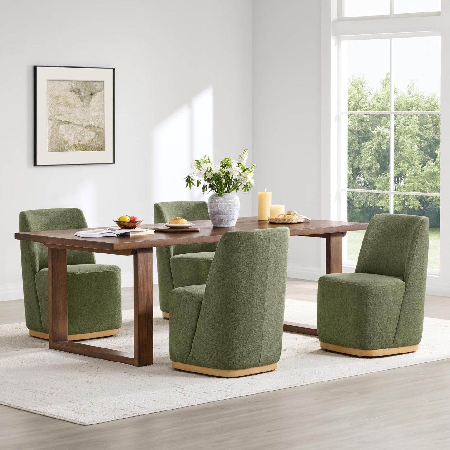 CHITA Upholstered Rolling Dining Chair with Casters Set of 2, Oatmeal | FSC Certified Modern Fabric Dining Chair with Casters, Boucle Dining Chairs for Reading Room Kitchen Dining Room