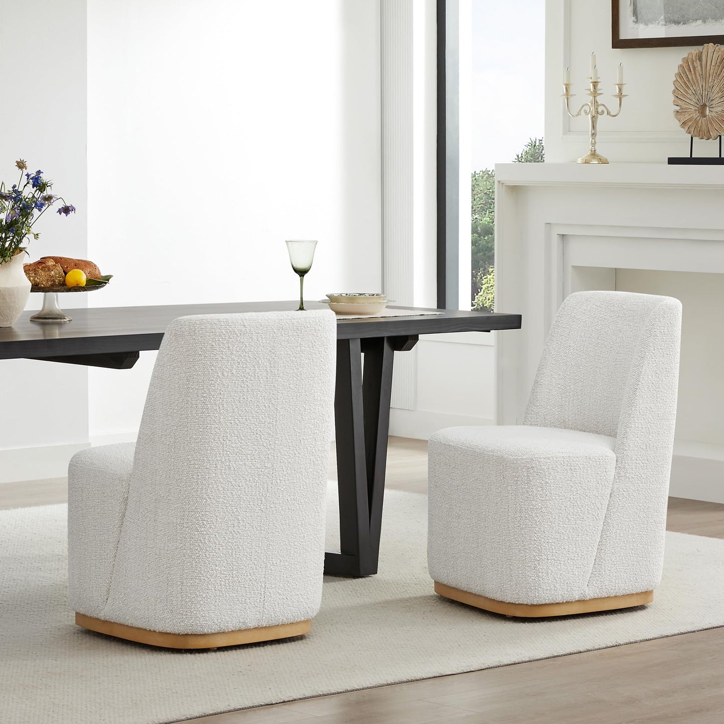 CHITA Upholstered Rolling Dining Chair on Casters Set of 4, FSC Certified Modern Fabric Dining Chair with Casters, Boucle Dining Chairs for Reading Room Waiting Room Kitchen Dining Room, Oatmeal