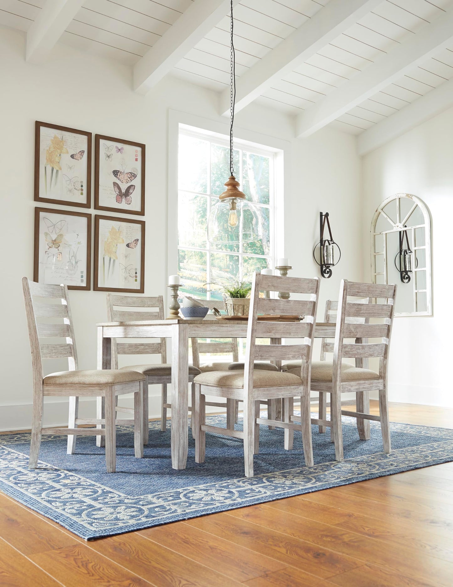 Signature Design by Ashley Skempton Cottage Dining Room Table Set with 6 Upholstered Chairs, Whitewash