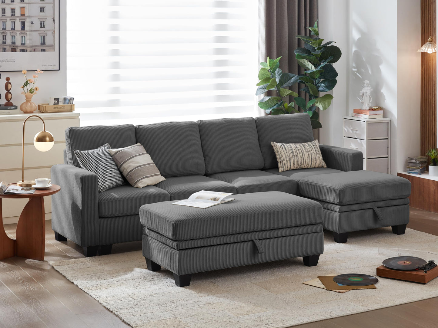 CHIC HOUSE Corduroy Modular Sectional Couch with Ottoman Chaise, L Shaped 4-seat Sofa for Living Room, Apartment, Lounge, Modern Armrest Neck Support Furniture