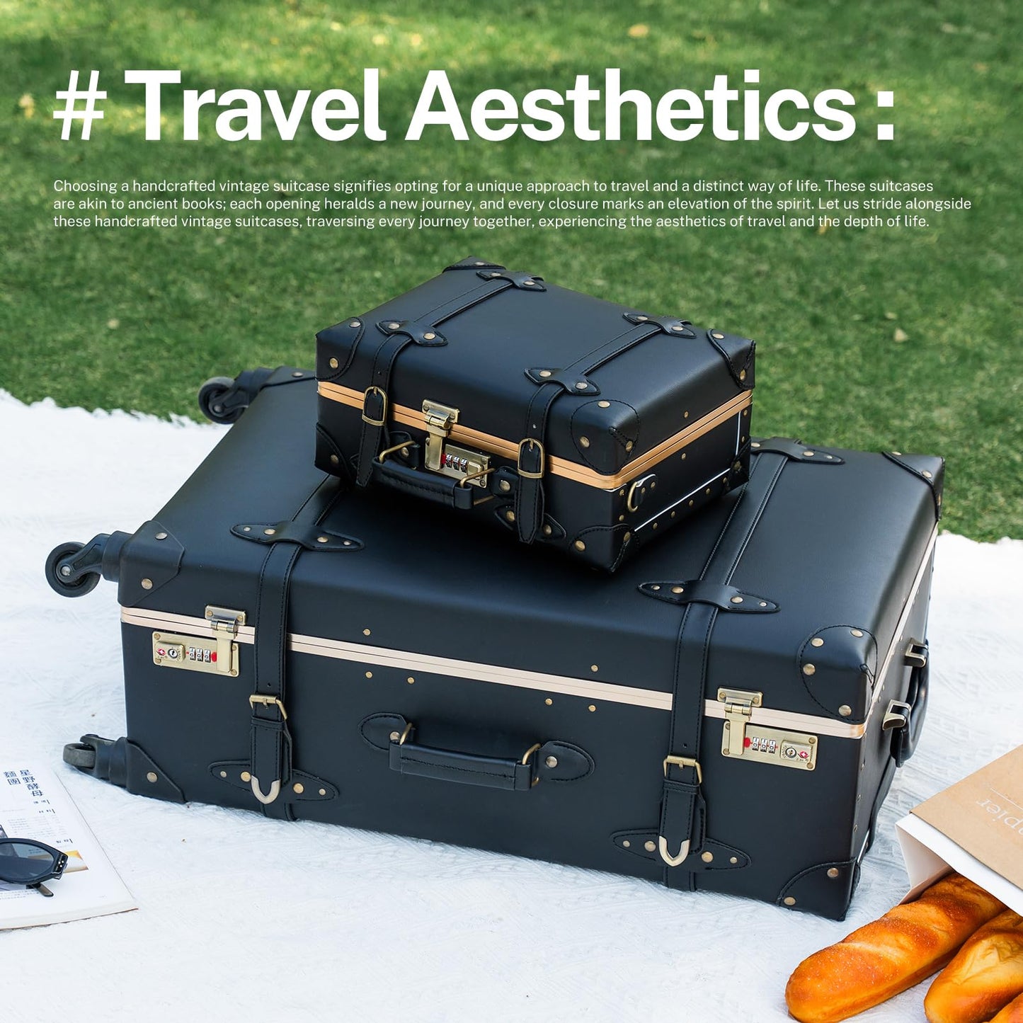 urecity Vintage Luggage Sets of 3 Piece - Hardside Lightweight Spinner Suitcases - Retro Travel Set includes Under Seat Train Case, 26"+20"+12"