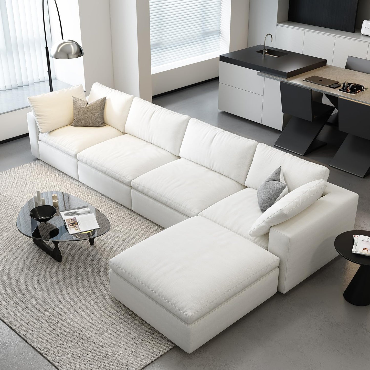 Cloud Modular Sectional Sofa with Storage Ottoman,120" L Shaped Sectional Couches for Living Room,Down Filled Comfort Minimalist Deep Sofa Couches for Office Apartment (White, 3 Seater+1 Ottoman)