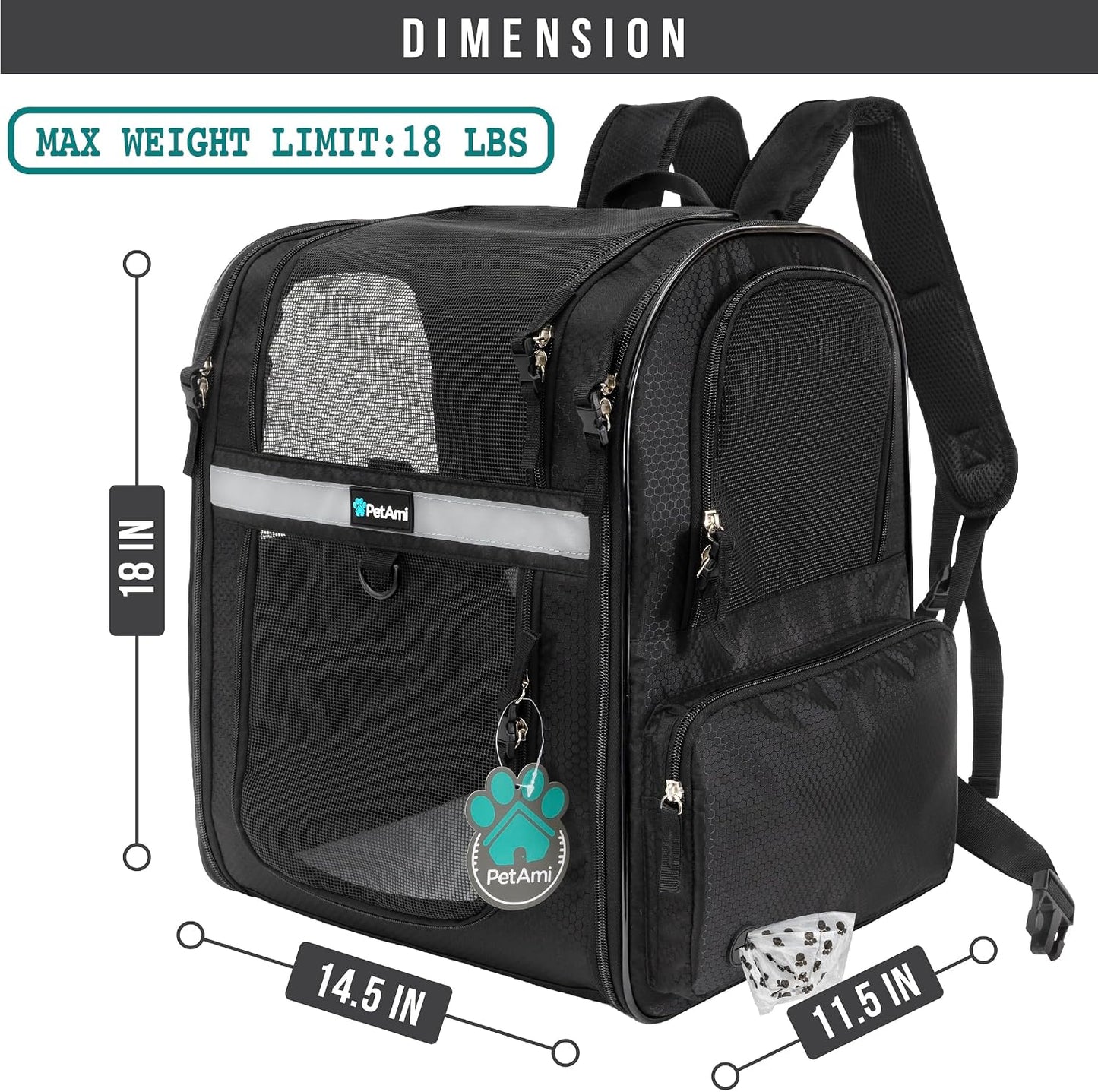 PetAmi Dog and  Cat Backpack Carrier for Cats, 4-Way Entry Ventilated, 18lbs Max | Sherpa Bed Included, Foldable Load-In Top, Safety Reflective Strap, Breathable Mesh, Poop Bag Dispenser, Padded Back Support