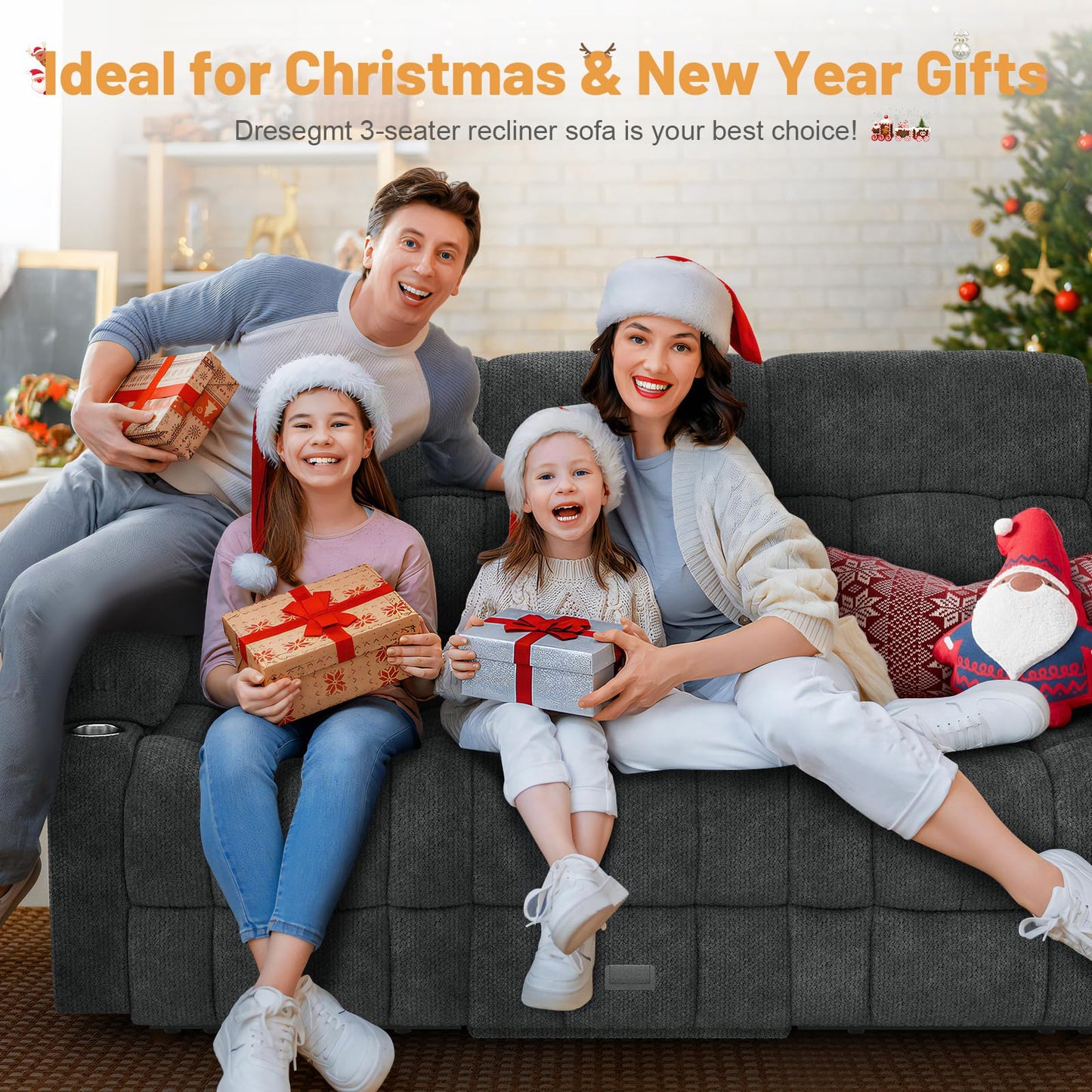 Loveseat Recliner Sofa, Flip Middle Backrest Design 3 Seat Reclining Sofa with Storage Drawer, USB Ports & Cup Holders, Manual Couch for Living Room/RV (Gray)