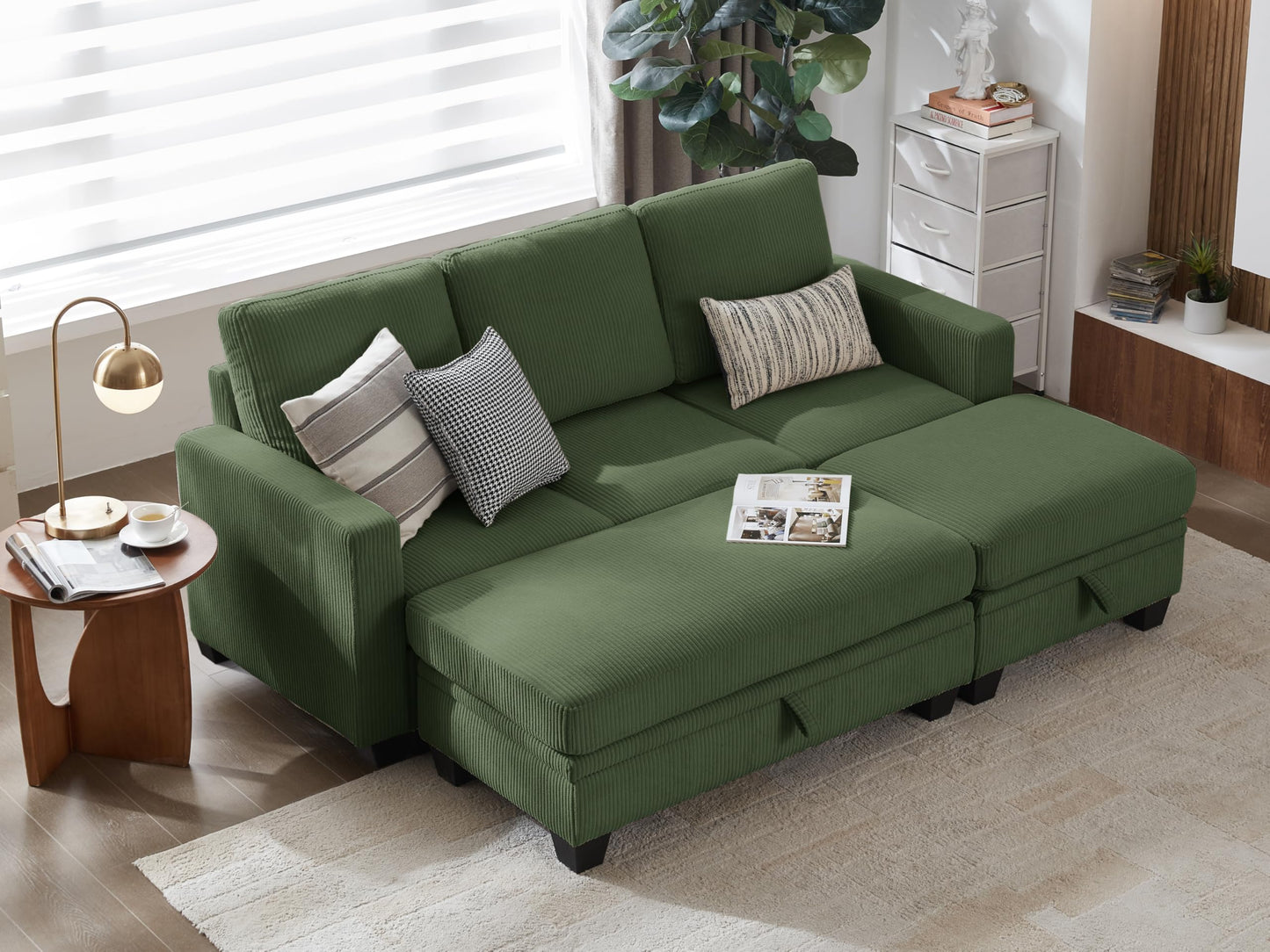 CHIC HOUSE Corduroy Modular Sectional Couch with Ottoman Chaise, L Shaped 4-seat Sofa for Living Room, Apartment, Lounge, Modern Armrest Neck Support Furniture