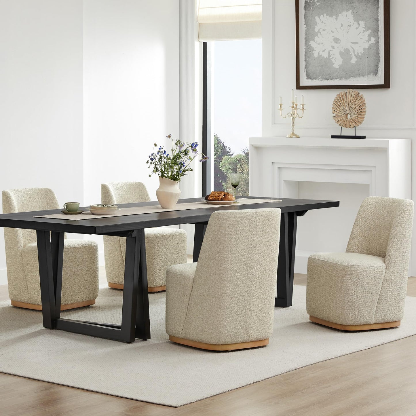 CHITA Upholstered Rolling Dining Chair with Casters Set of 2, Oatmeal | FSC Certified Modern Fabric Dining Chair with Casters, Boucle Dining Chairs for Reading Room Kitchen Dining Room