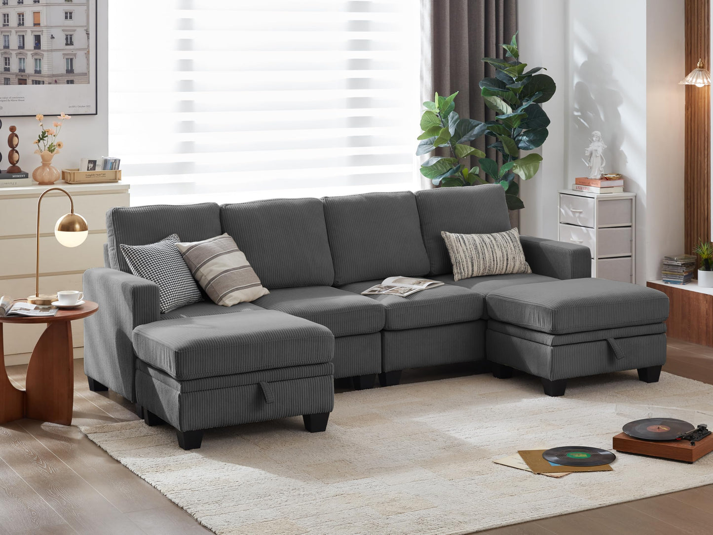 CHIC HOUSE Corduroy Modular Sectional Couch with Ottoman Chaise, L Shaped 4-seat Sofa for Living Room, Apartment, Lounge, Modern Armrest Neck Support Furniture