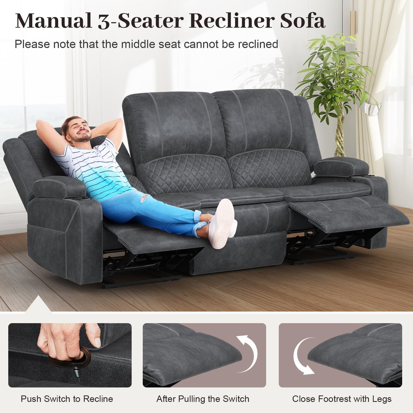 3 Seater Recliner Sofa Set with 2-Tier Cushion, 3+1+1 Pieces in Living Room, 3 Seater Reclining Couch Dutch Velvet with Removable Console, 2 Oversize Recliner Chair Sofa Seat - Grey