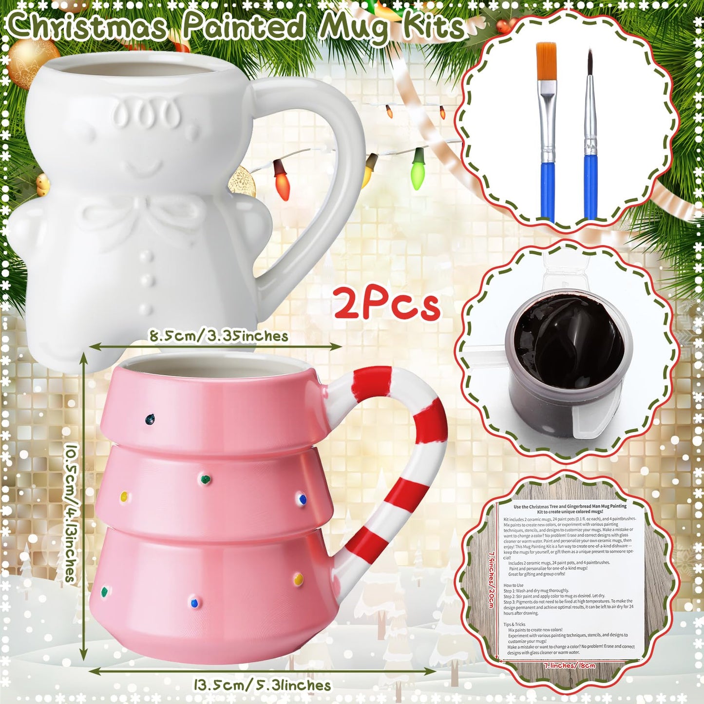 Vesici 4 Sets Paint Your Own Christmas Mugs Kits with 12 Color Paints Brush Instruction Manual Ceramic Gingerbread Man Christmas Tree Mugs Xmas DIY Painted Cup Winter Holiday Gift Art Favor