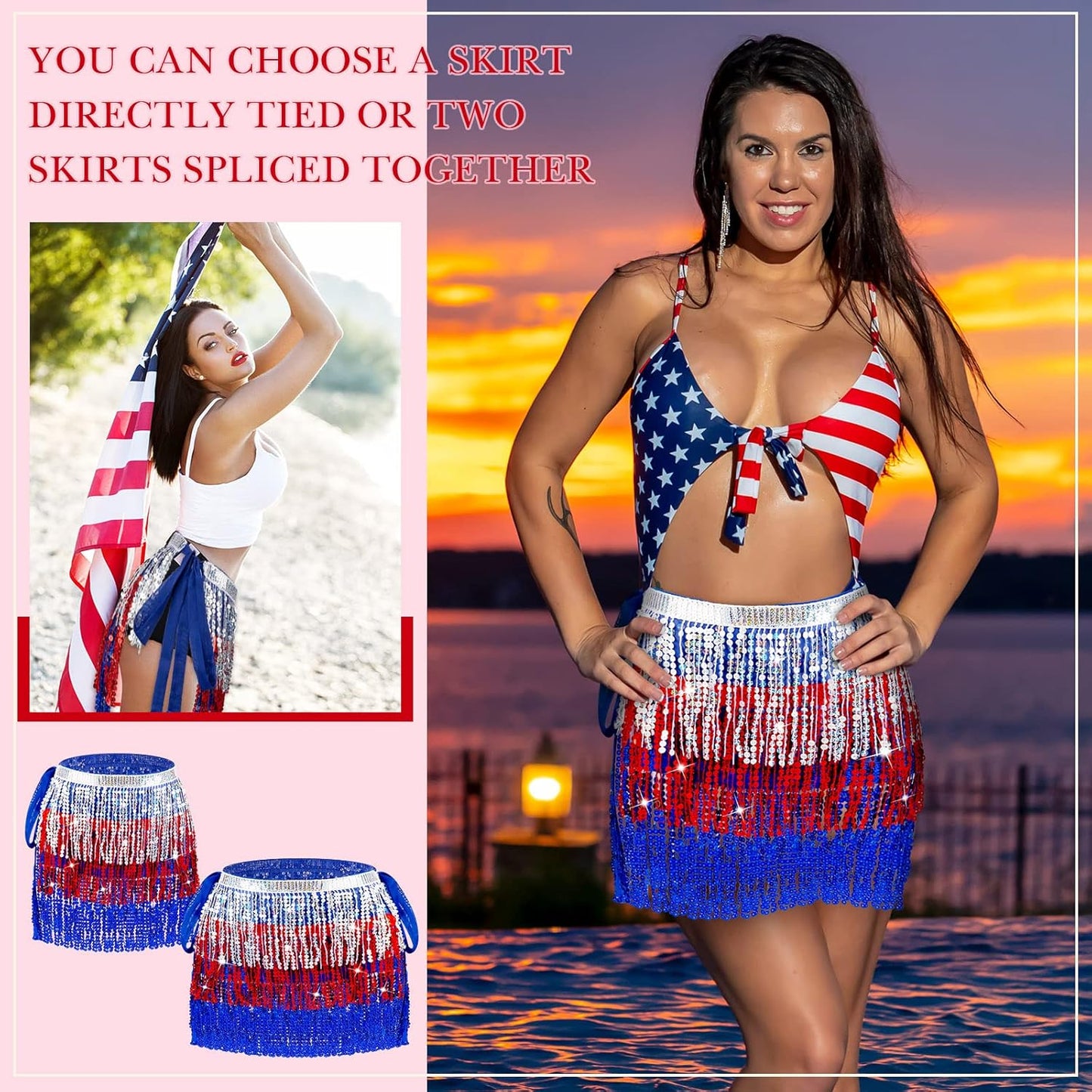 Mepase 2 Pcs 4th of July Skirt Patriotic Sequin Tassel Skirts Belly Dance Fringe Hip Scarf Boho Women's Wrap Rave Costume for Women Girls Performance Outfit Festival Carnival Party Favors Multicolor