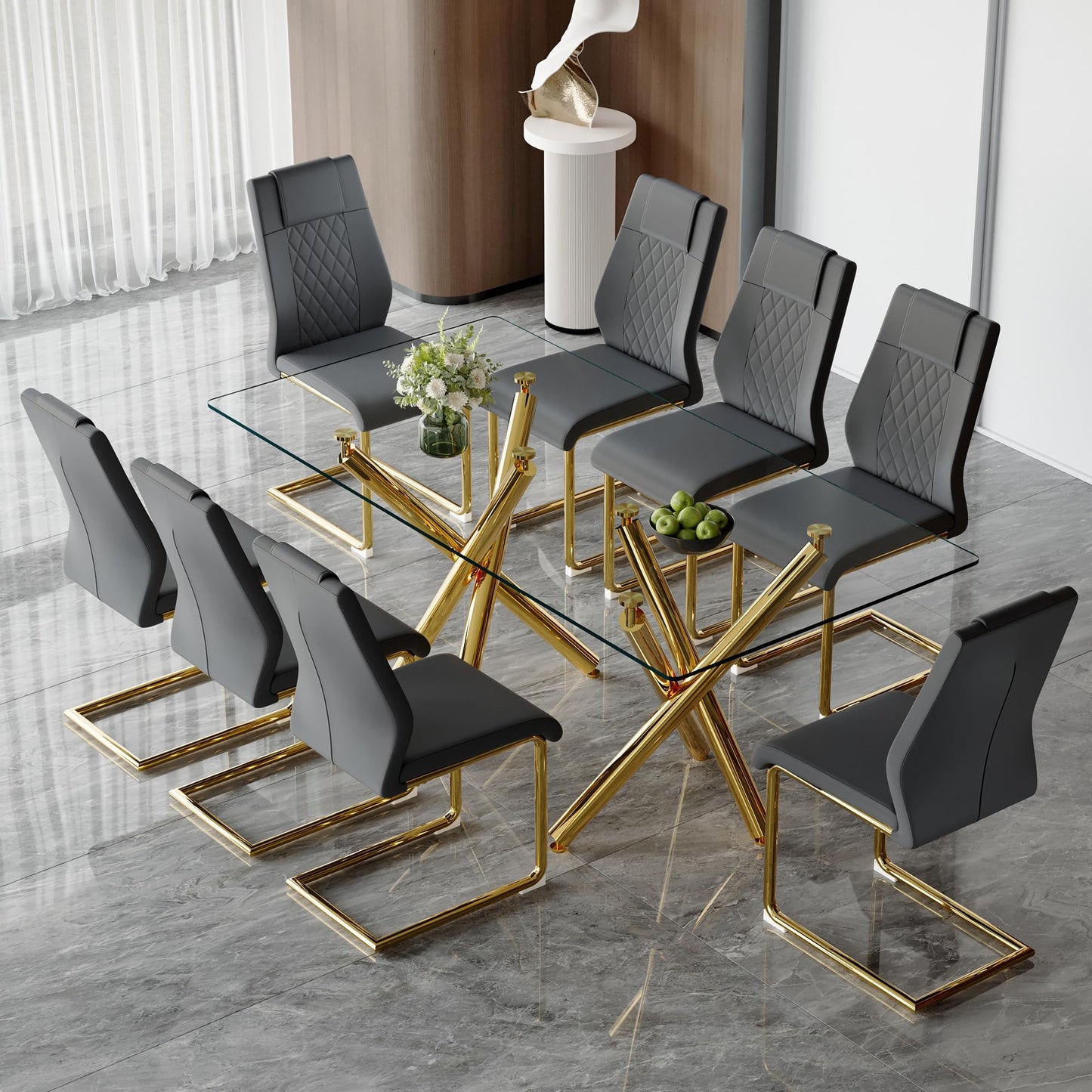 AZmac Modern Dining Table Set for 8 with Gold Metal Frame, 9-Piece Glass Dining Table with PU High Back Chairs for Kitchen Dining Room, Glass Table and 8 White Chairs