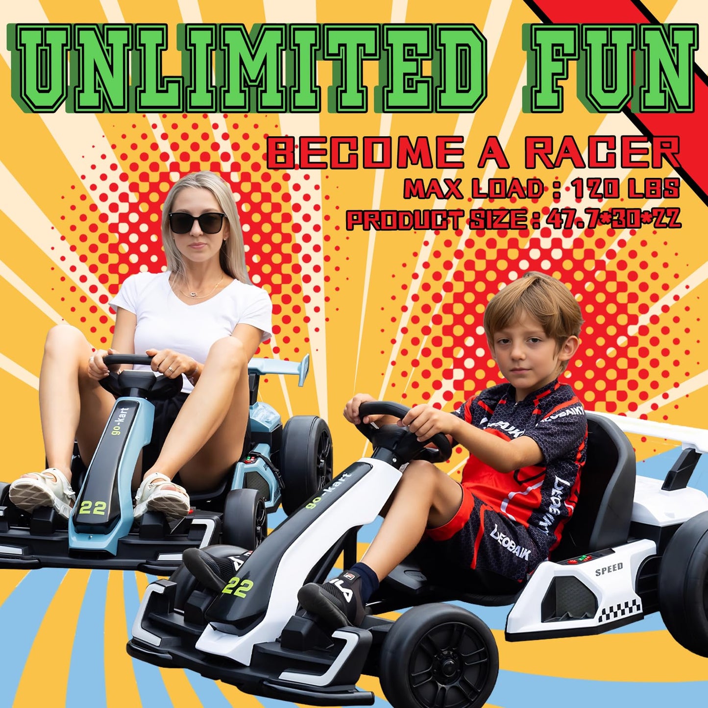 KerryYoo K61 Go Kart Electric Drift Kart with Length Adjustable Seat, 24V Outdoor Ride on Toy with 4 Speed Mode, Crazy Cart for Kids 6-12 Years Old, Fast 300W Motor, 8.5 MPH, Bluetooth - Blue