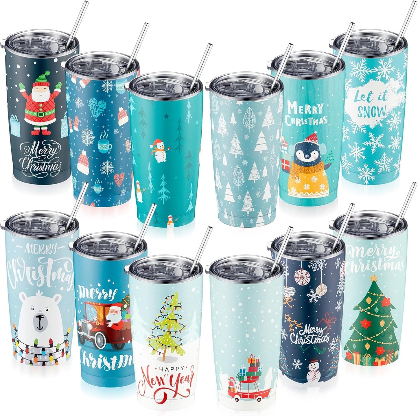 Sliner 12 Pack Christmas Stainless Steel Tumblers 20oz Christmas Insulated Tumbler Bulk with Lids and Straws Straight Double Wall Vacuum Travel Coffee Mug for Cold and Hot Drinks Xmas Party Gift