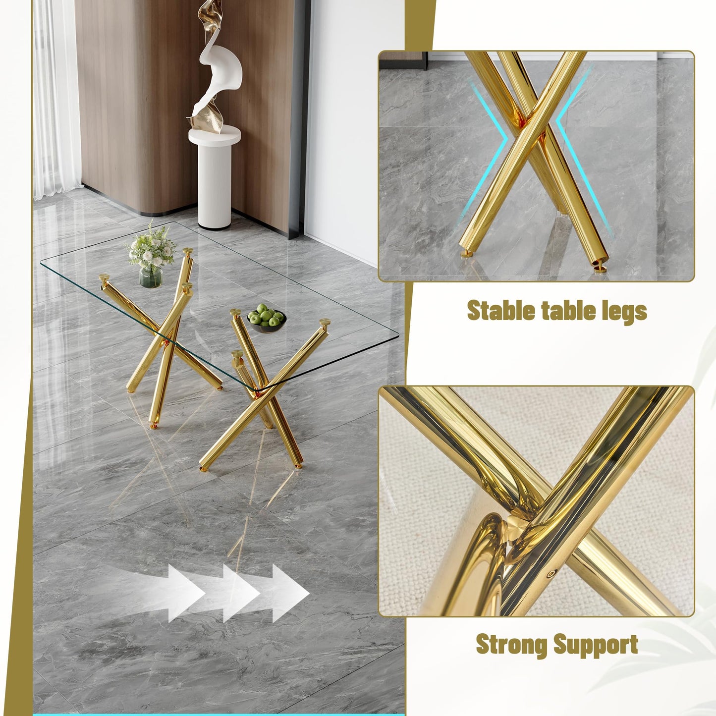 AZmac Modern Dining Table Set for 8 with Gold Metal Frame, 9-Piece Glass Dining Table with PU High Back Chairs for Kitchen Dining Room, Glass Table and 8 White Chairs