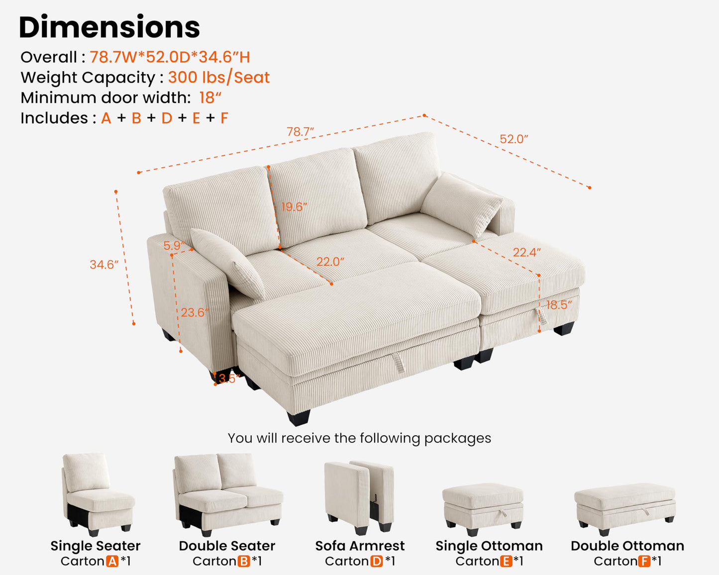 CHIC HOUSE Corduroy Modular Sectional Couch with Ottoman Chaise, L Shaped 4-seat Sofa for Living Room, Apartment, Lounge, Modern Armrest Neck Support Furniture