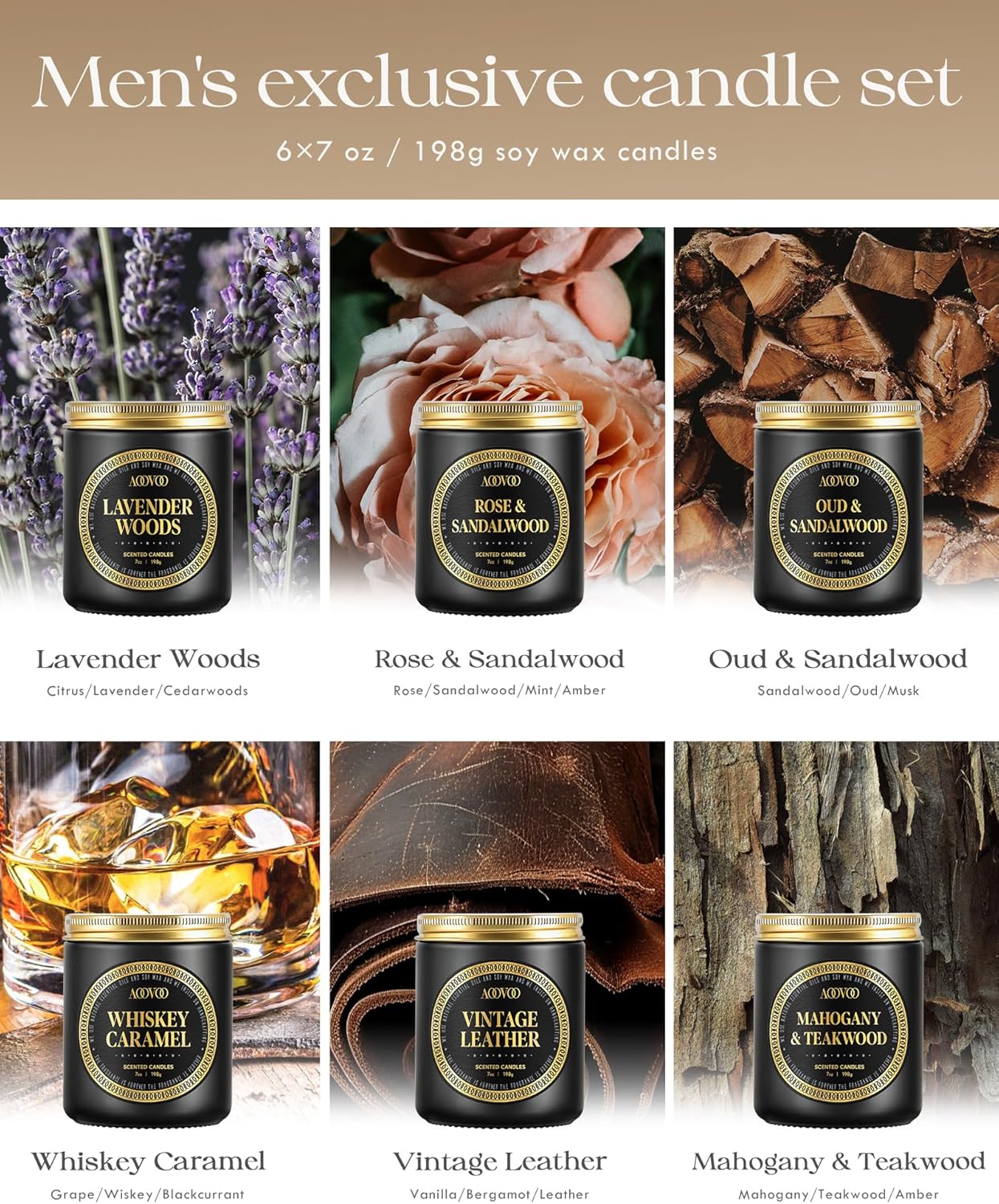 AOOVOO Scented Candles Gift Set - 6 Pack Men Candles for Home Scented, Soy Candle Set for Men, 42 oz 300 Hour Long Lasting Candle for Birthday, Father's Day, Valentine, Christmas, Anniversary