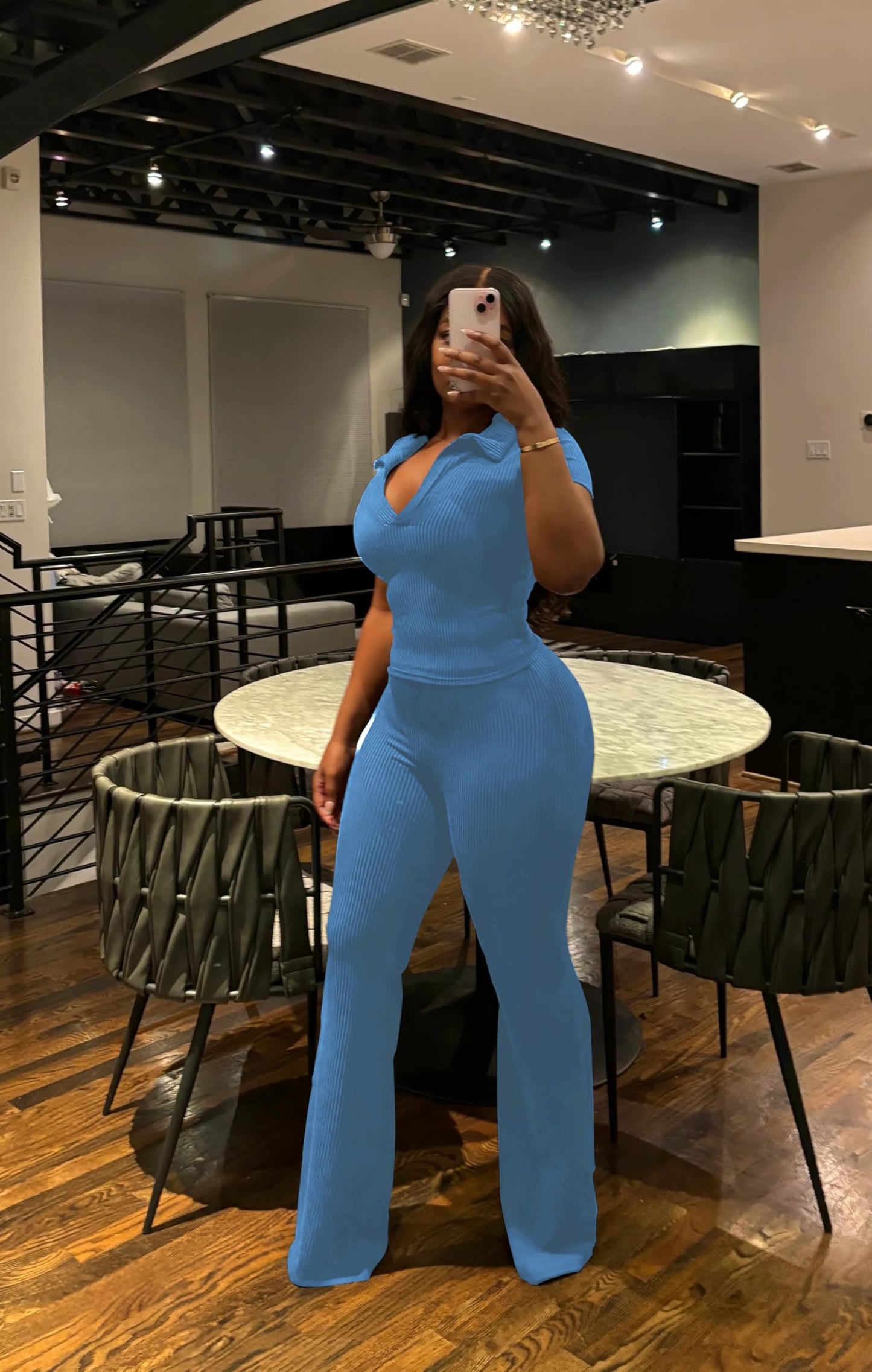 HBQ Women Two Piece Outfit Ribbed Short Sleeve V Neck Polo Top and Flare Pants Casual Lounge Sets Tracksuit