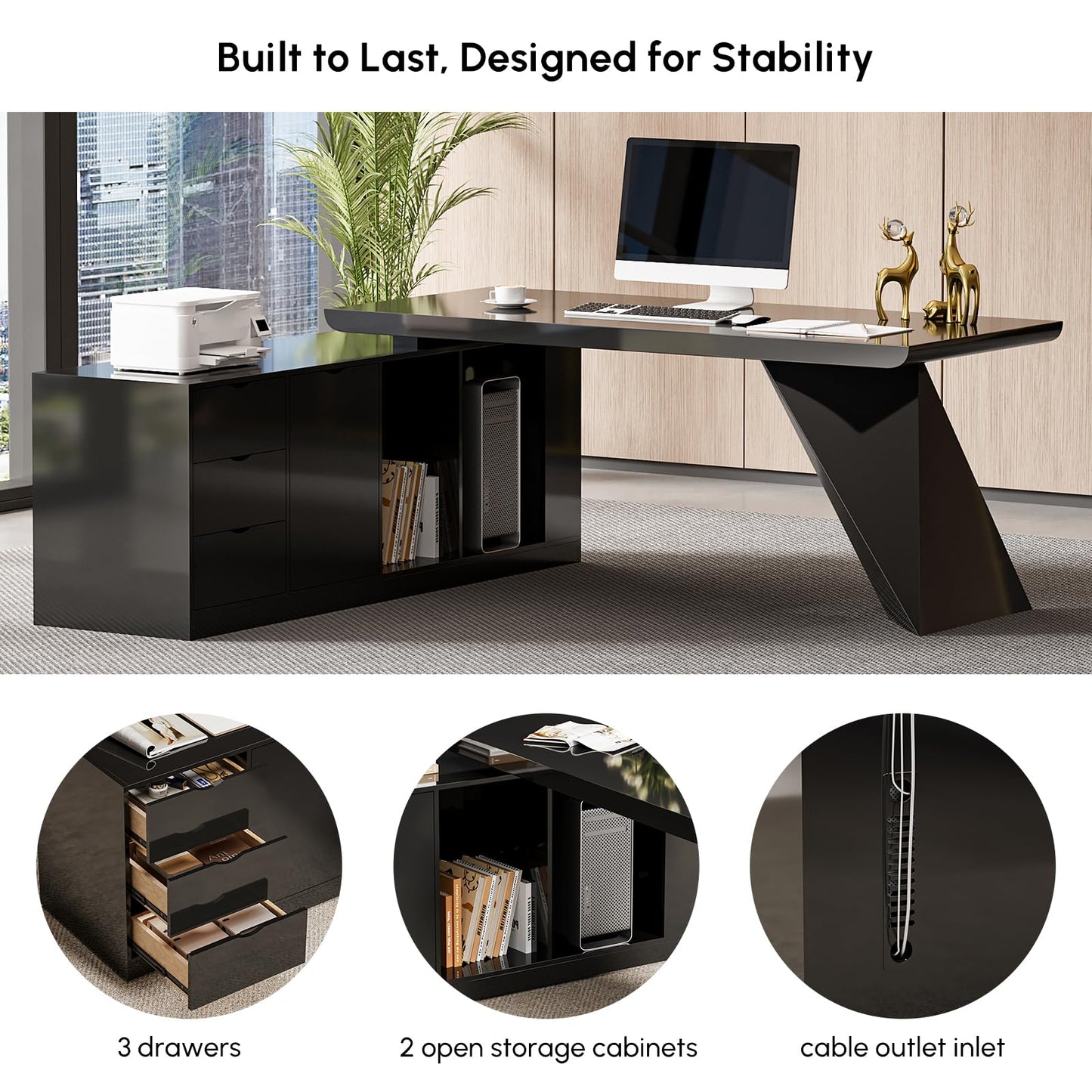 homary 70.9" Modern L-Shape Executive Desk, Home Office Desk with Drawers & Cabinet Modern Computer Desk for Home Business Furniture, Black, Right Hand