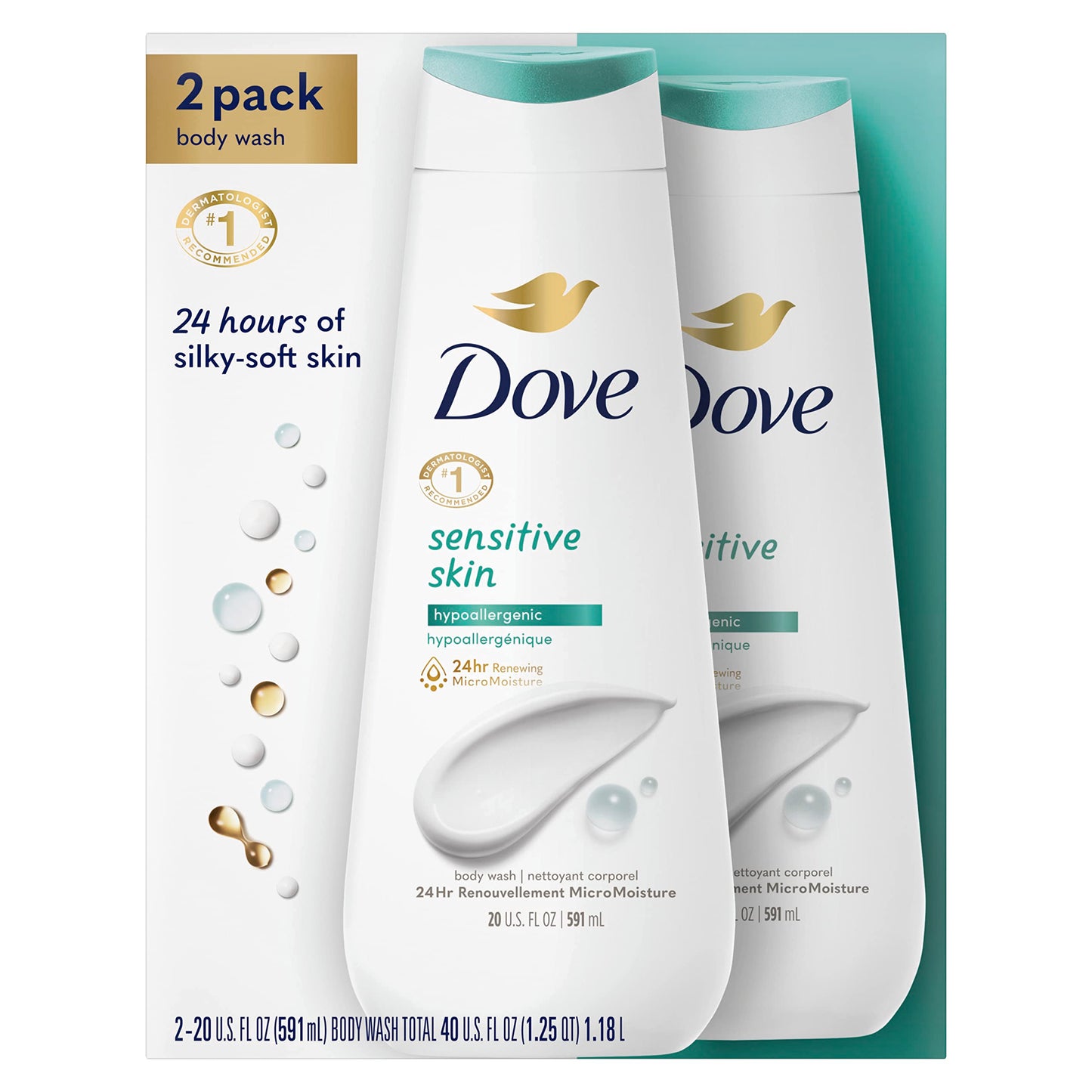 Dove Body Wash with Pump Sensitive Skin For 24hr Lotion-Soft Skin Moisturizing Skin Cleanser Gentle Hypoallergenic Formula with No Sulfates No Parabens 30.6 oz