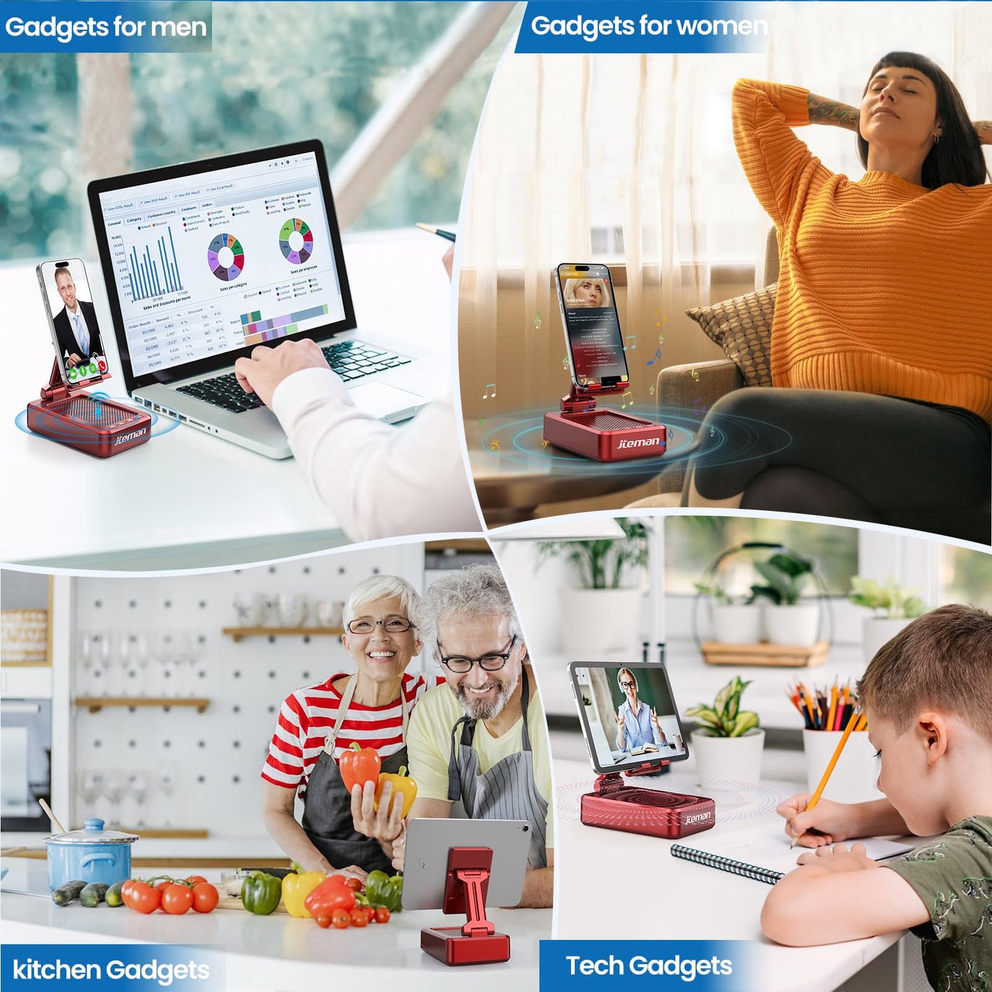 JTEMAN Tablet Stand Adjustable with Bluetooth Speakers,Kitchen Gadgets,Gifts for Women Men,Wireless Bluetooth Speaker Tablet Holder,Desk Mic Charging Sation Compatible with Phones and Tablet