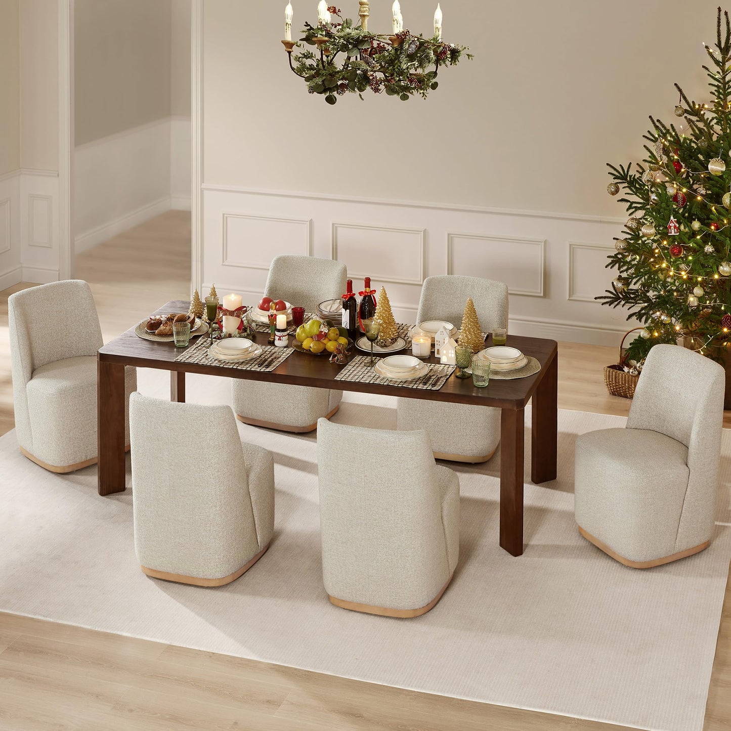 CHITA Upholstered Rolling Dining Chair on Casters Set of 4, FSC Certified Modern Fabric Dining Chair with Casters, Boucle Dining Chairs for Reading Room Waiting Room Kitchen Dining Room, Oatmeal