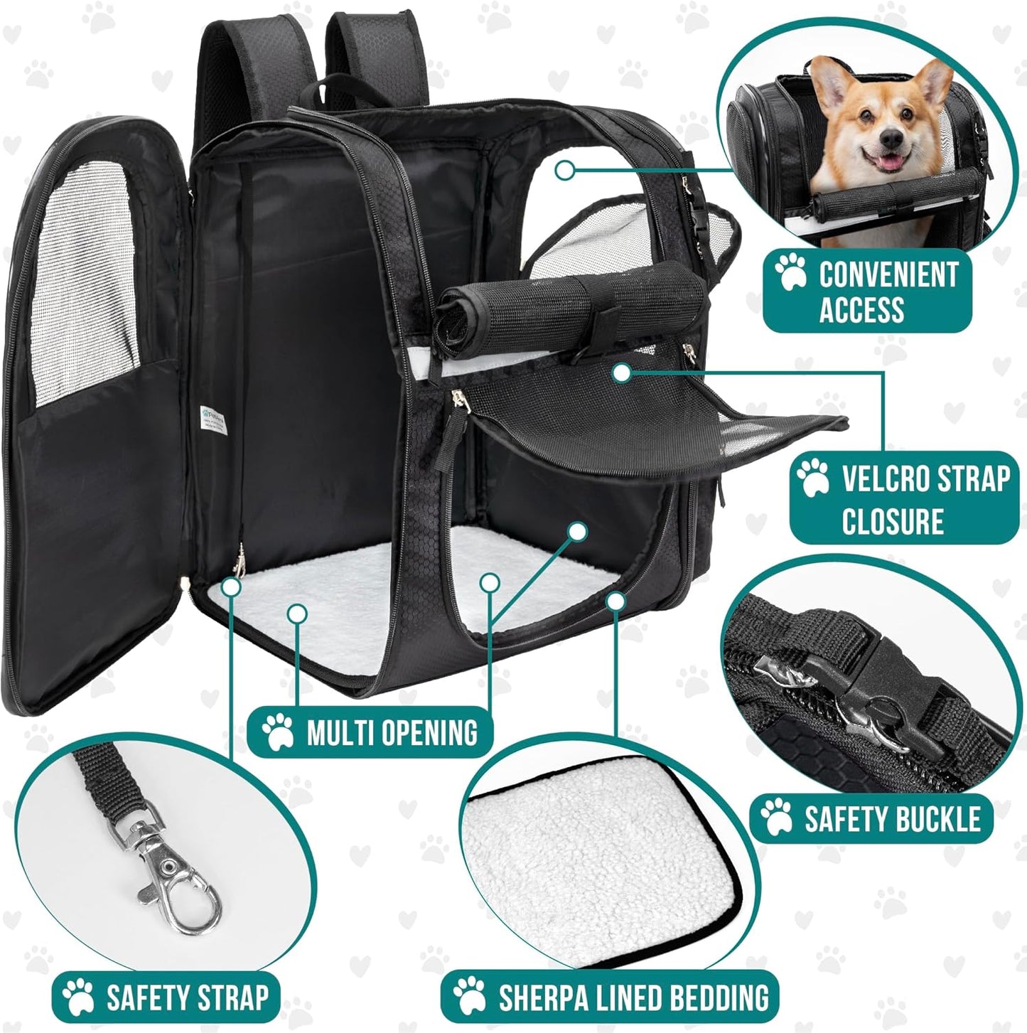 PetAmi Dog and  Cat Backpack Carrier for Cats, 4-Way Entry Ventilated, 18lbs Max | Sherpa Bed Included, Foldable Load-In Top, Safety Reflective Strap, Breathable Mesh, Poop Bag Dispenser, Padded Back Support