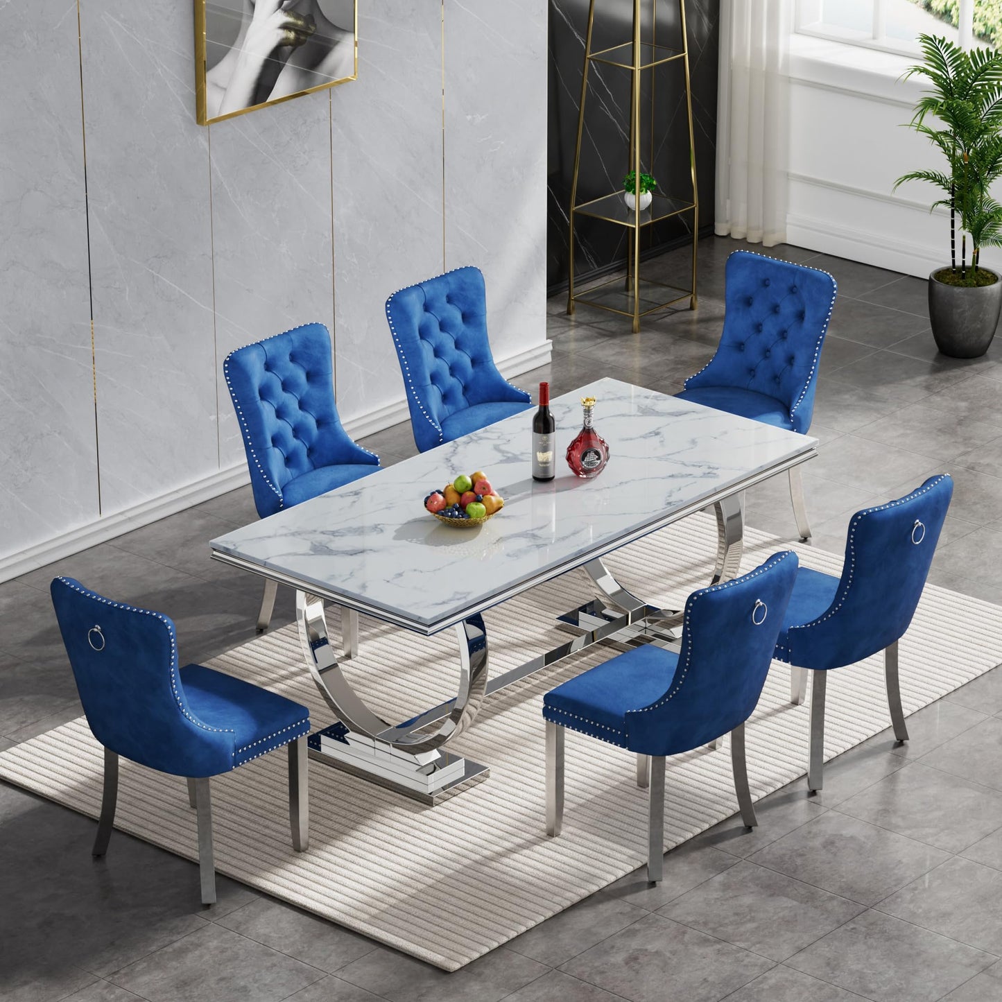HomVent 70" Faux Marble Dining Table Set for 6, Rectangular Marble Top Kitchen Table Set, Kitchen & Dining Room Sets, Dining Table and Dining Chair