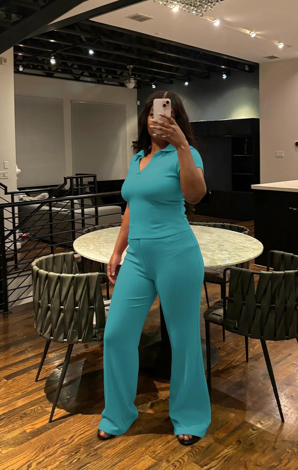 HBQ Women Two Piece Outfit Ribbed Short Sleeve V Neck Polo Top and Flare Pants Casual Lounge Sets Tracksuit