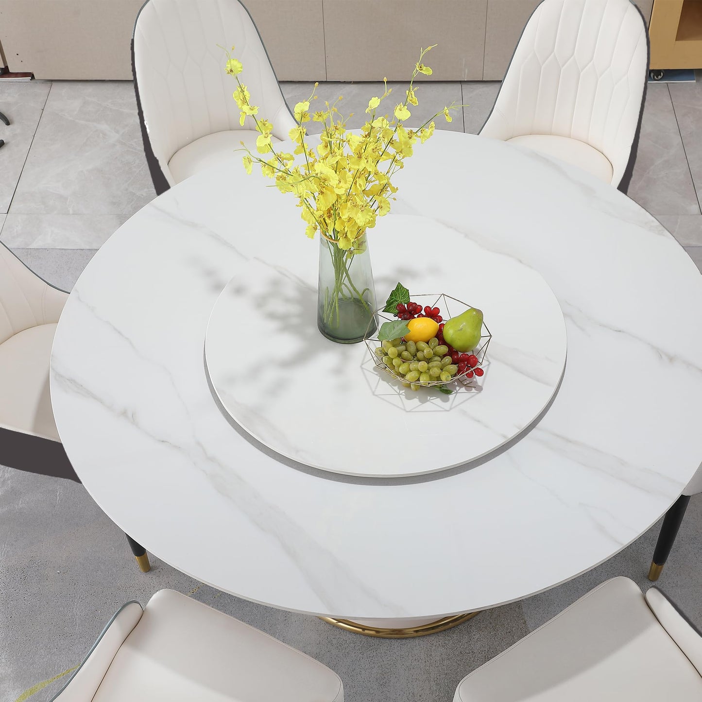 59" Round Dining Table Set for 8 with Lazy Susan Modern Sintered Stone 9 Pieces Dining Room Table Set with 8 Chairs and 31.5" Round Turntable