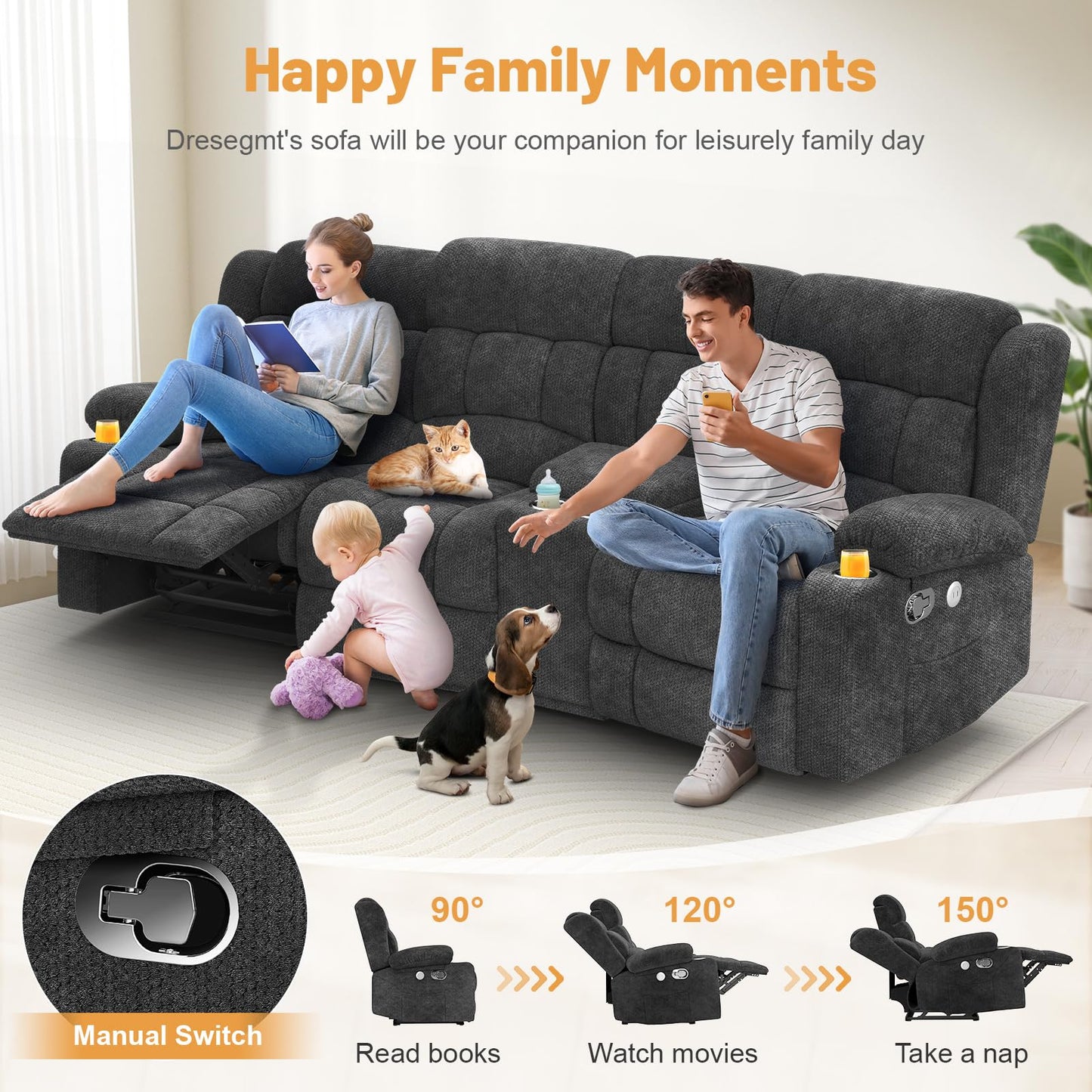 Loveseat Recliner Sofa, Flip Middle Backrest Design 3 Seat Reclining Sofa with Storage Drawer, USB Ports & Cup Holders, Manual Couch for Living Room/RV (Gray)