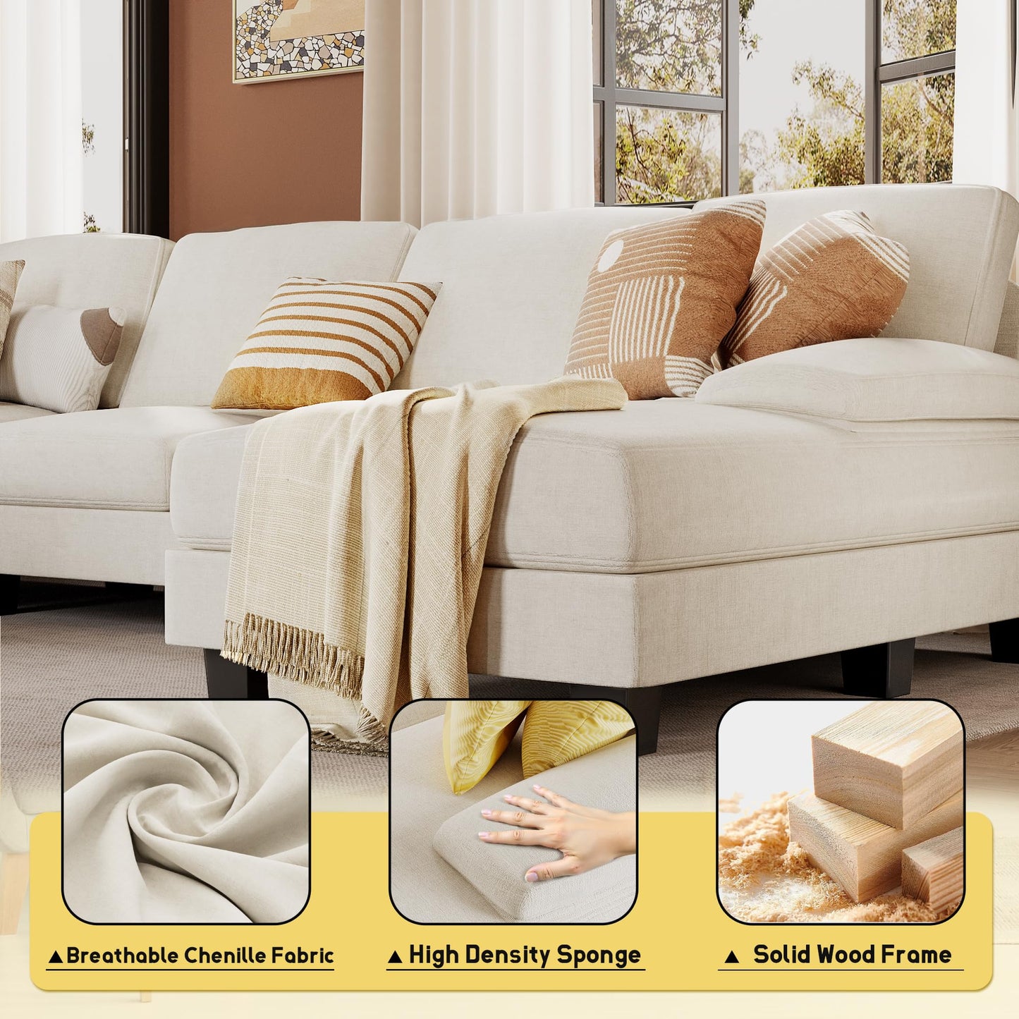 JUMMICO Sectional Couches for Living Room, U Shaped Couch with Chenille Fabric, 4 Seat Modern Sofa with Removable Pillows for Apartment and Small Space (Corduroy, Beige)