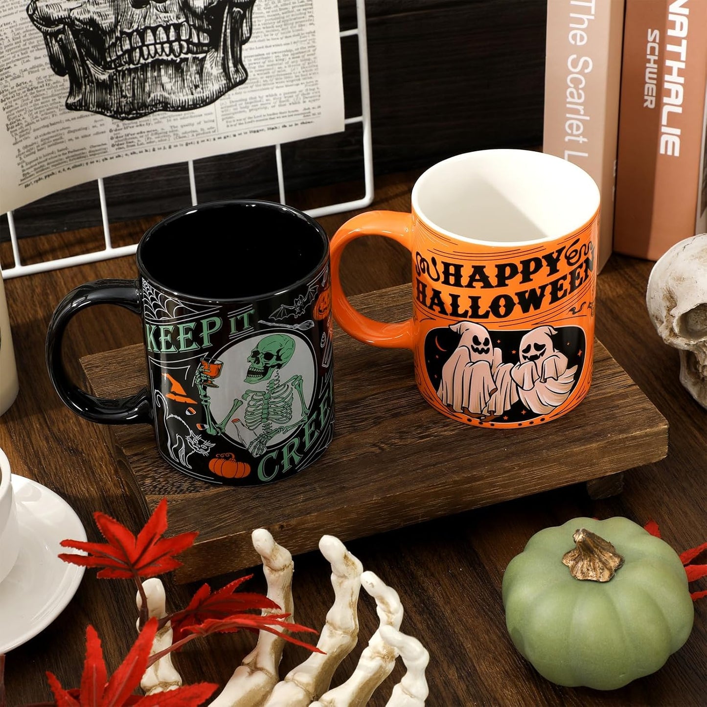 4Pcs Halloween Mugs Pumpkin Black Cat Ghost Skeleton Coffee Mug Orange Black Ceramic Drinking Cup for Halloween Party Table Centerpieces, 12oz