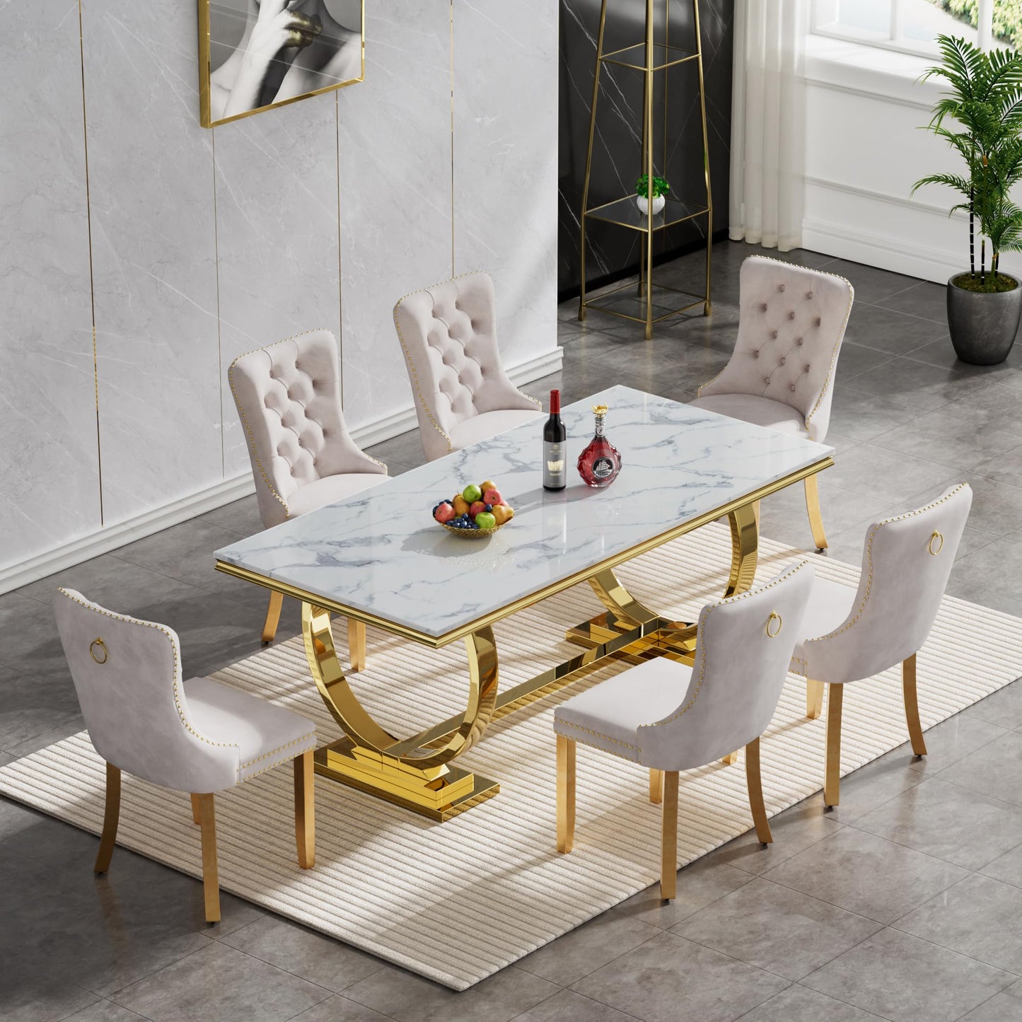 HomVent 70" Faux Marble Dining Table Set for 6, Rectangular Marble Top Kitchen Table Set, Kitchen & Dining Room Sets, Dining Table and Dining Chair