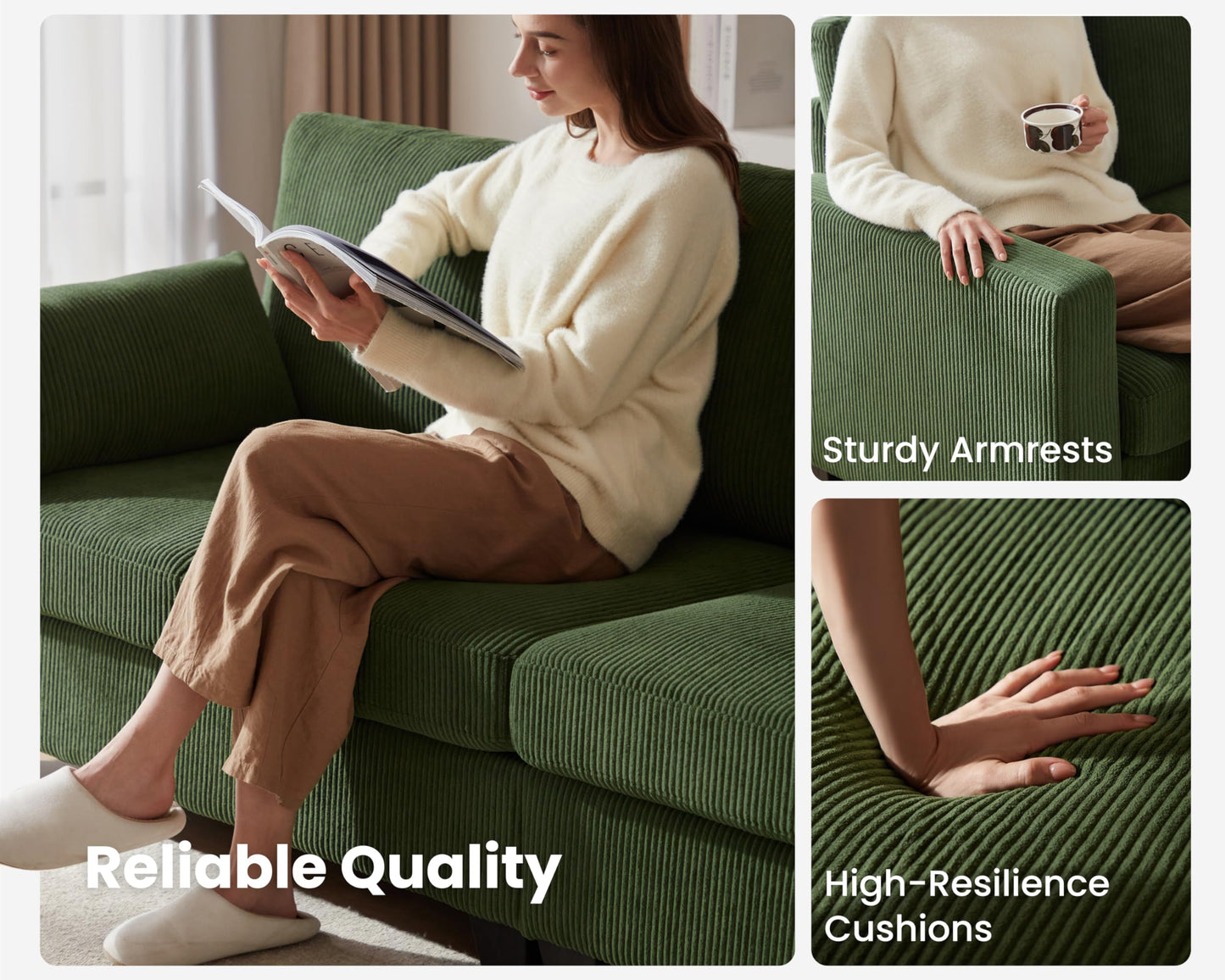 CHIC HOUSE Corduroy Modular Sectional Couch with Ottoman Chaise, L Shaped 4-seat Sofa for Living Room, Apartment, Lounge, Modern Armrest Neck Support Furniture