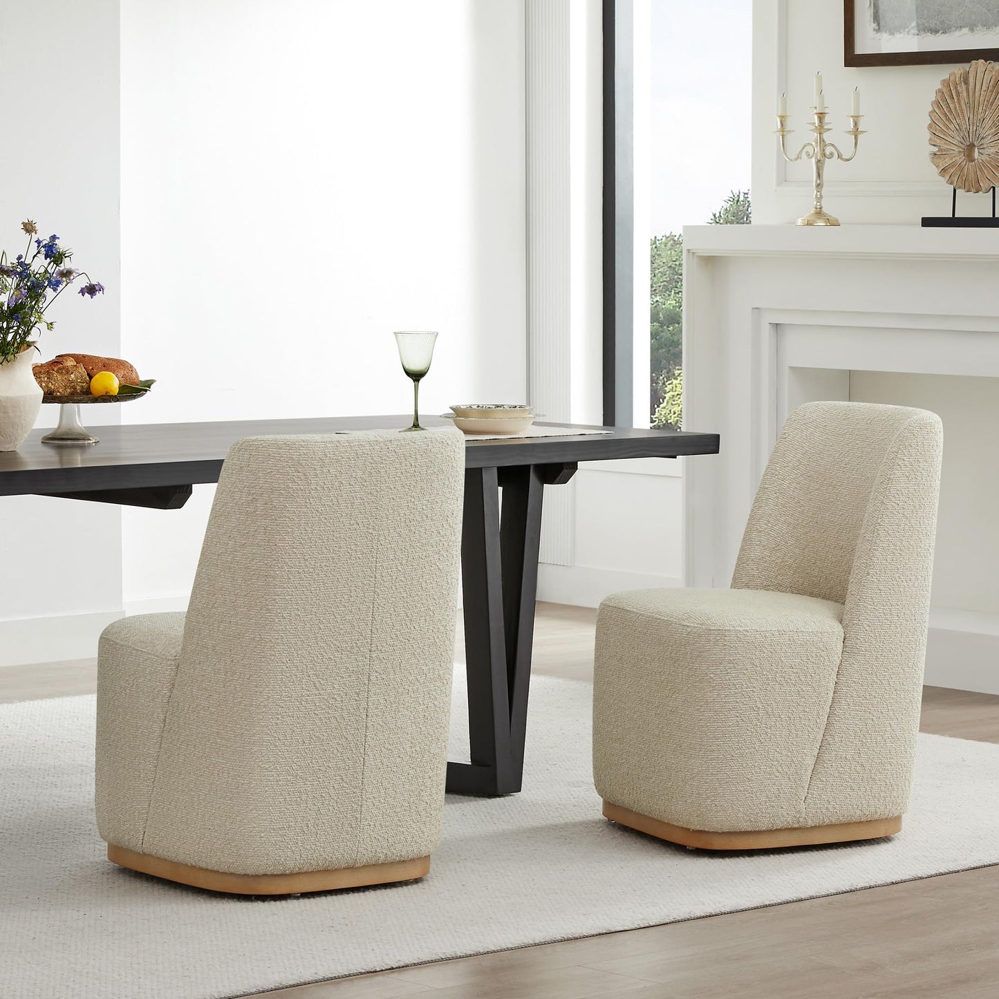 CHITA Upholstered Rolling Dining Chair with Casters Set of 2, Oatmeal | FSC Certified Modern Fabric Dining Chair with Casters, Boucle Dining Chairs for Reading Room Kitchen Dining Room