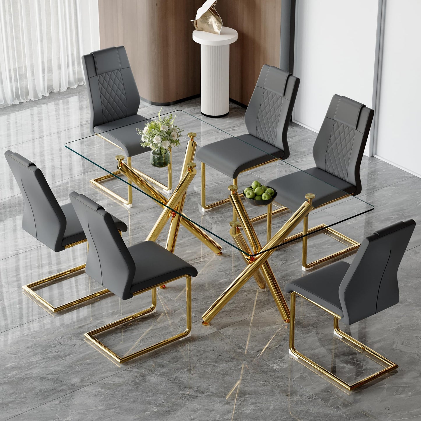 AZmac Modern Dining Table Set for 8 with Gold Metal Frame, 9-Piece Glass Dining Table with PU High Back Chairs for Kitchen Dining Room, Glass Table and 8 White Chairs