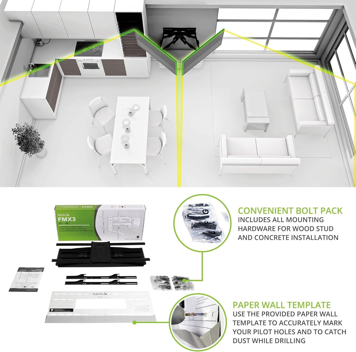 Kanto FMX3C Full Motion Articulating Adjustable TV Wall Mount for 50 to 100 inch TVs | Supports up to 150 lbs. | Up to 28" Extension | +15° to -5° Tilt | 88° Swivel | VESA from 200x100 to 700x500