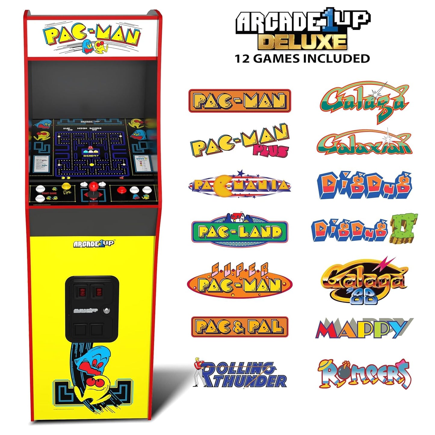 Arcade1Up PAC-MAN Deluxe Arcade Machine, built for your home, with 5-foot-tall full-size stand-up cabinet, 14 classic games, and 17-inch screen