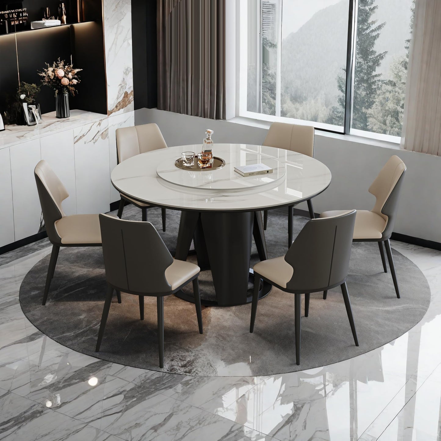 59" Round Dining Table Set for 8 with Lazy Susan Modern Sintered Stone 9 Pieces Dining Room Table Set with 8 Chairs and 31.5" Round Turntable