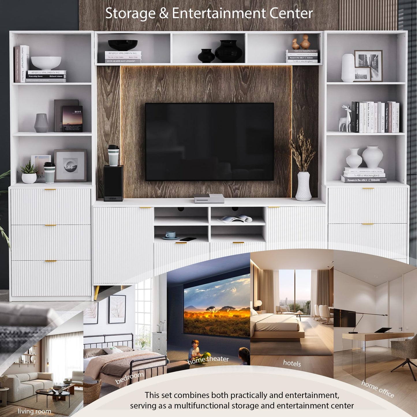 103" Minimalist Entertainment Center Wall Unit Set with Bridge for TVs Up to 75'',Ample Storage Space TV Stand W/Adjustable Shelves,Modernist Large Media Console for Living Room,White