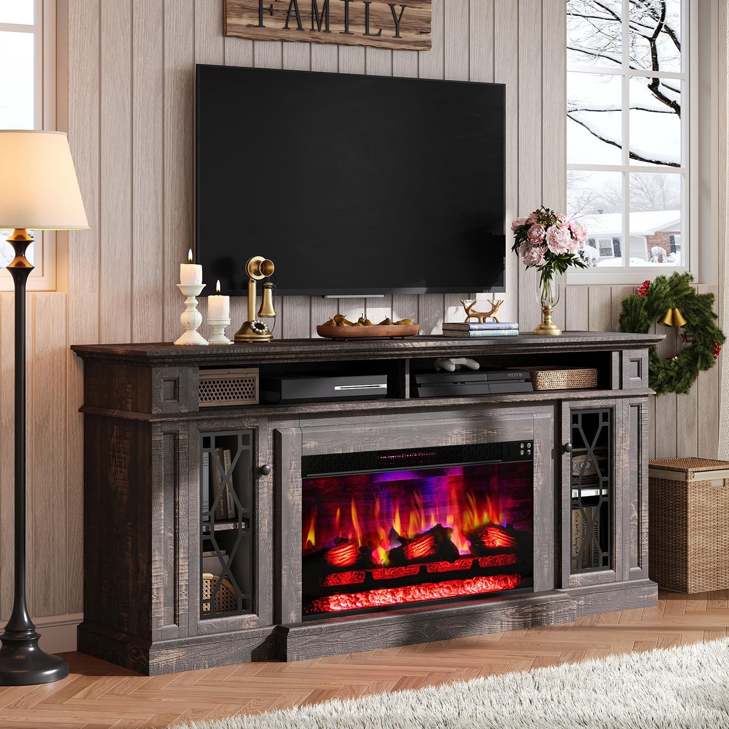 AMERLIFE 70" Farmhouse Heavy Fireplace TV Stand with 33" Electric Fireplace, for 80" TVs up, Media Entertainment Center with Diamond Door, TV Console Storage Cabinet for Living Room, White & Barnwood