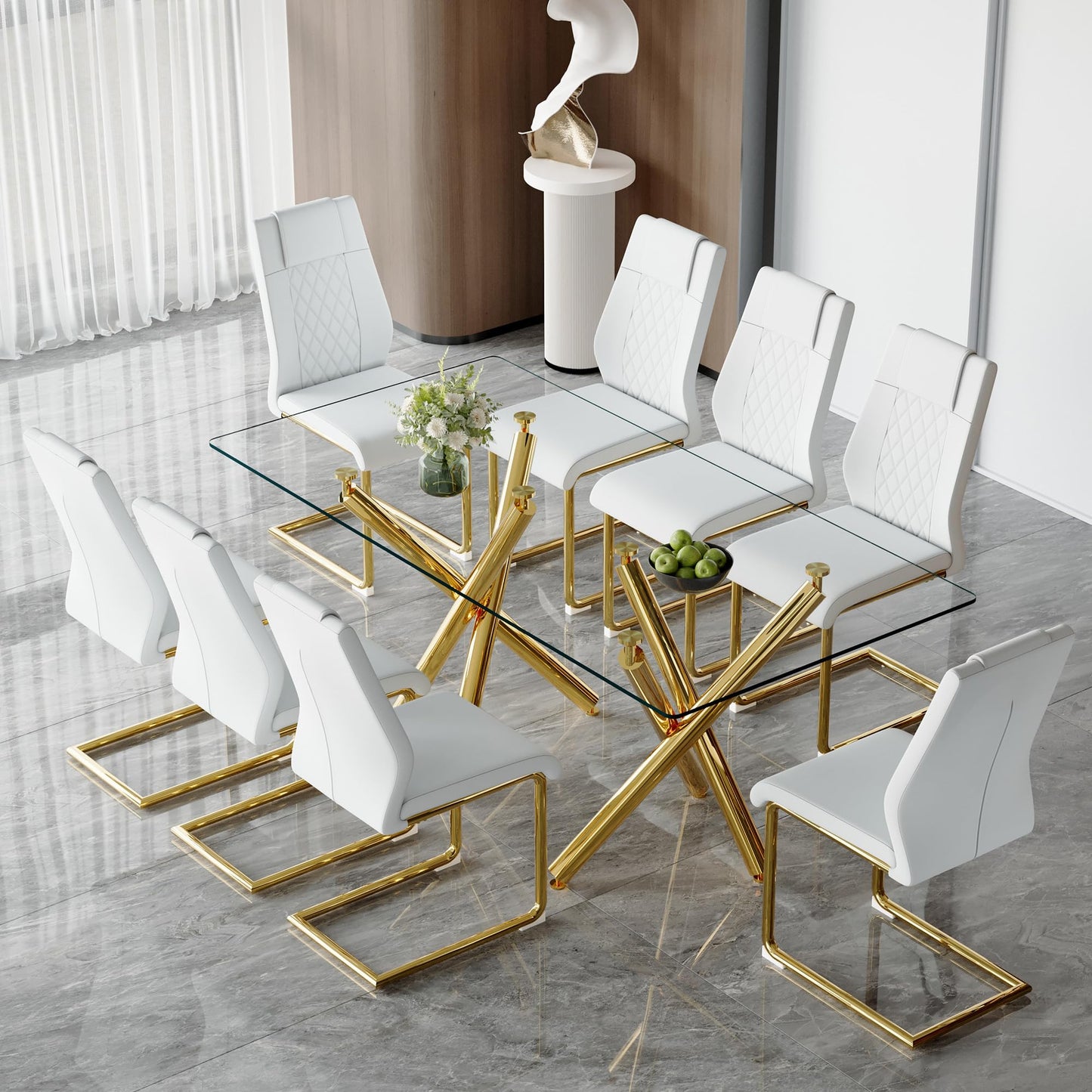 AZmac Modern Dining Table Set for 8 with Gold Metal Frame, 9-Piece Glass Dining Table with PU High Back Chairs for Kitchen Dining Room, Glass Table and 8 White Chairs