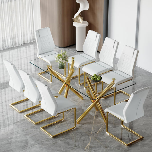AZmac Modern Dining Table Set for 8 with Gold Metal Frame, 9-Piece Glass Dining Table with PU High Back Chairs for Kitchen Dining Room, Glass Table and 8 White Chairs