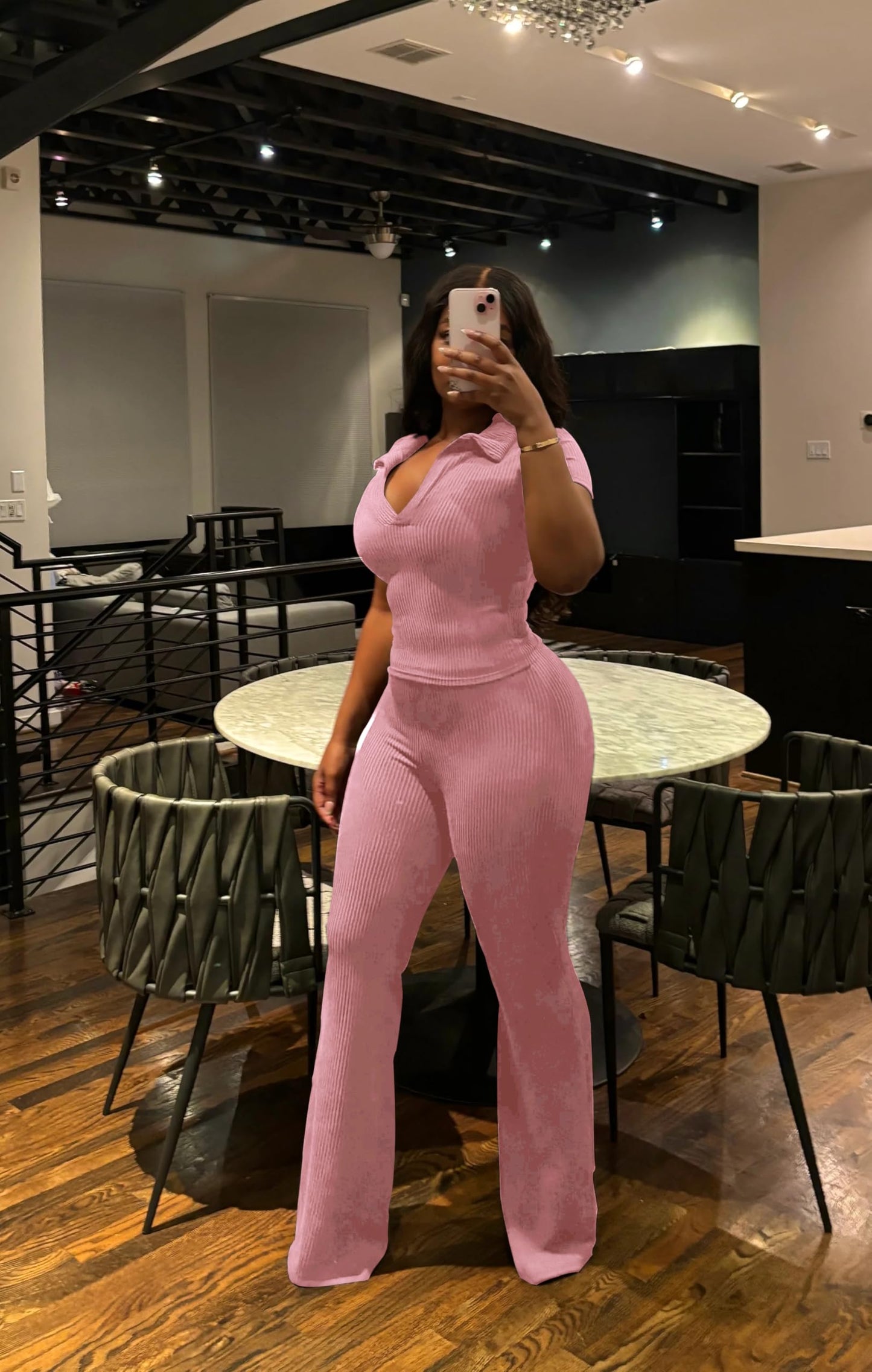 HBQ Women Two Piece Outfit Ribbed Short Sleeve V Neck Polo Top and Flare Pants Casual Lounge Sets Tracksuit