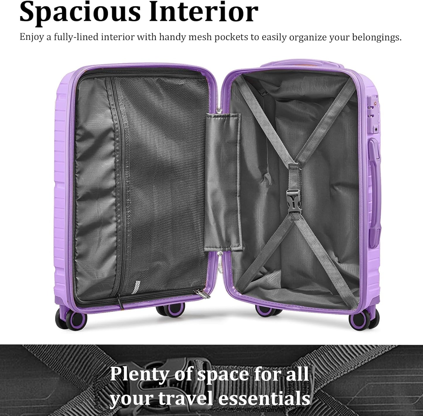 Joyway Luggage Sets 5 Piece PP Hardshell Carry on Suitcase, Travel Lightweight Carry-on with Double Spinner Wheels and TSA Lock, Purple