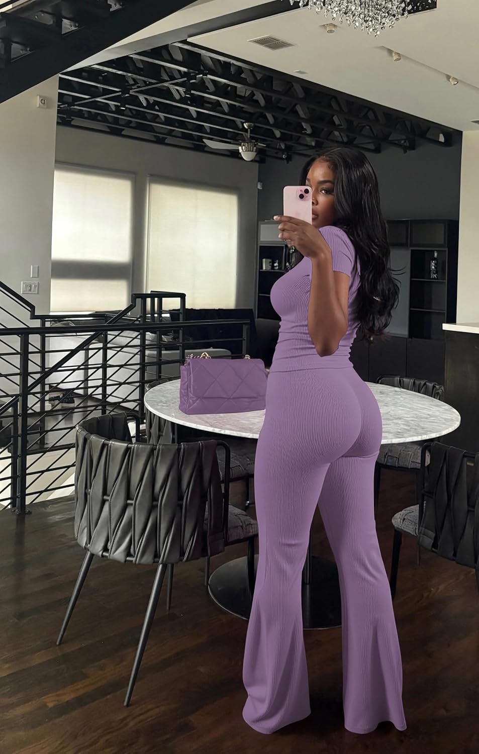 HBQ Women Two Piece Outfit Ribbed Short Sleeve V Neck Polo Top and Flare Pants Casual Lounge Sets Tracksuit