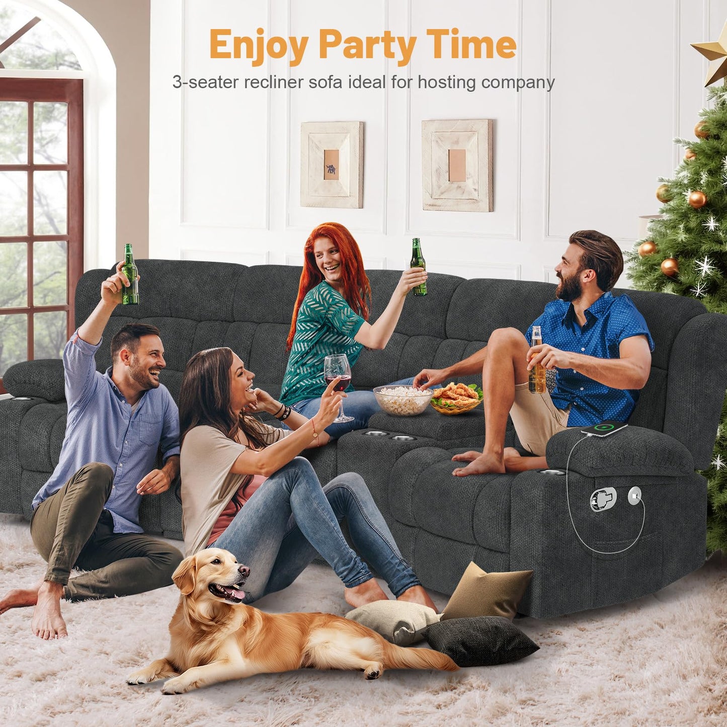 Loveseat Recliner Sofa, Flip Middle Backrest Design 3 Seat Reclining Sofa with Storage Drawer, USB Ports & Cup Holders, Manual Couch for Living Room/RV (Gray)